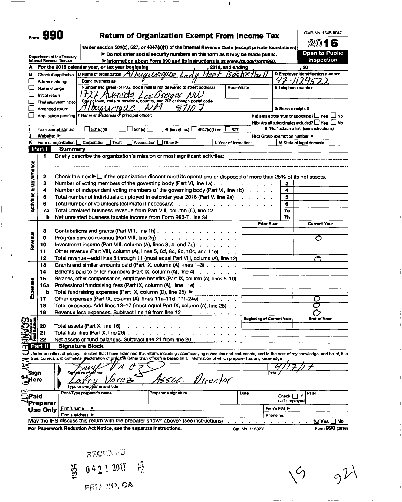 Image of first page of 2016 Form 990O for Albuquerque Lady Heat Basketball