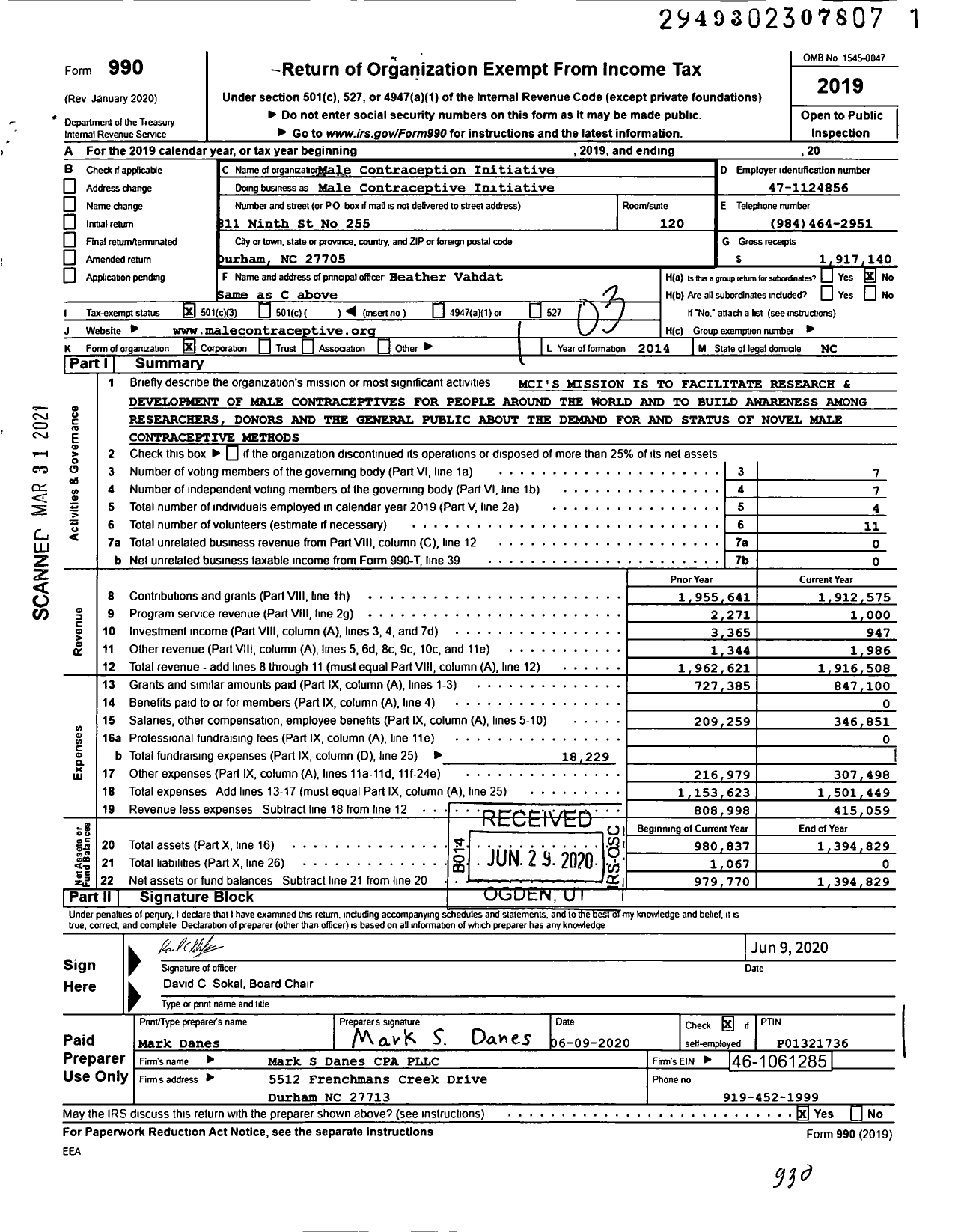 Image of first page of 2019 Form 990 for Male Contraceptive Initiative