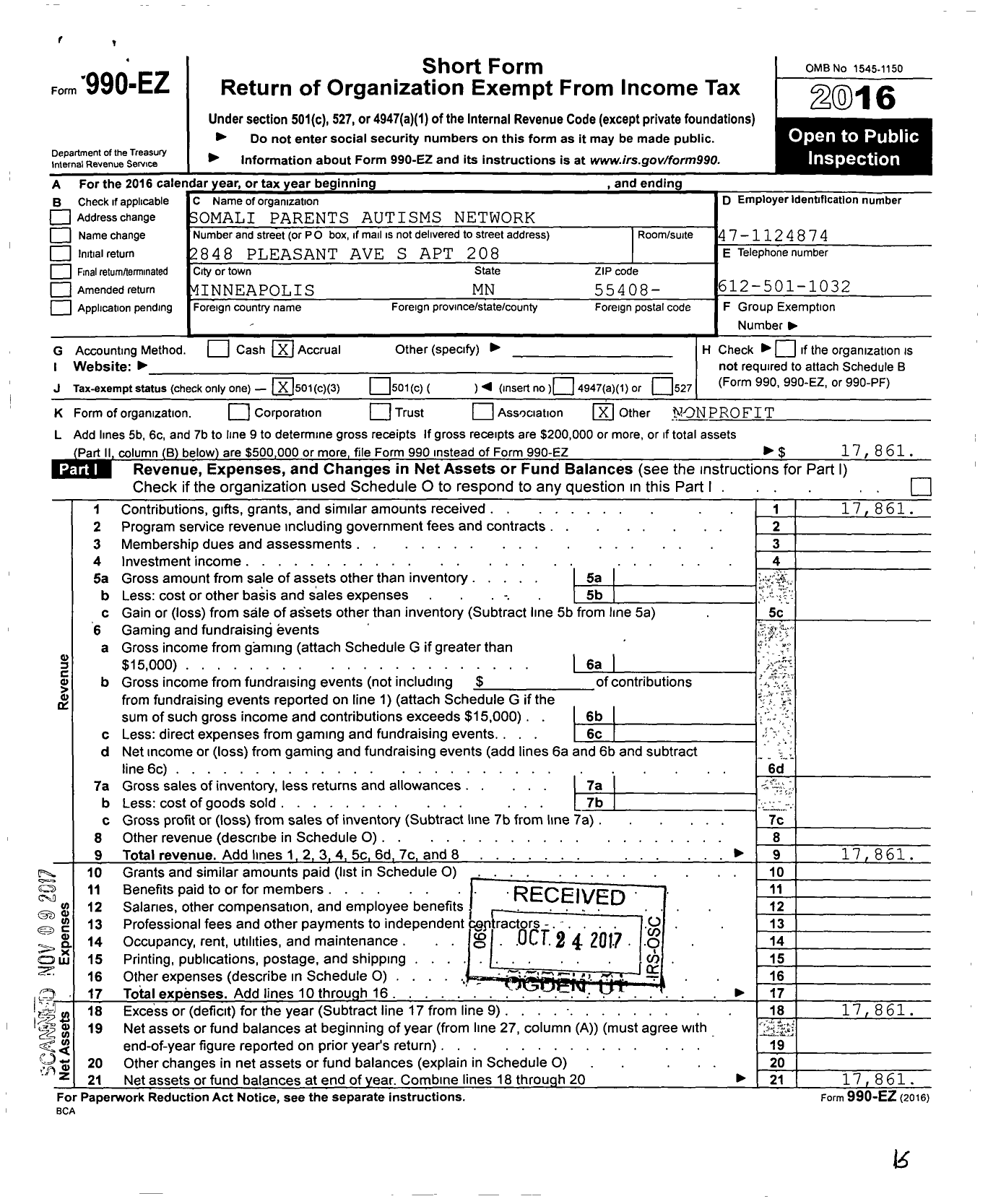 Image of first page of 2016 Form 990EZ for Somali Parents Autism Network (SPAN)