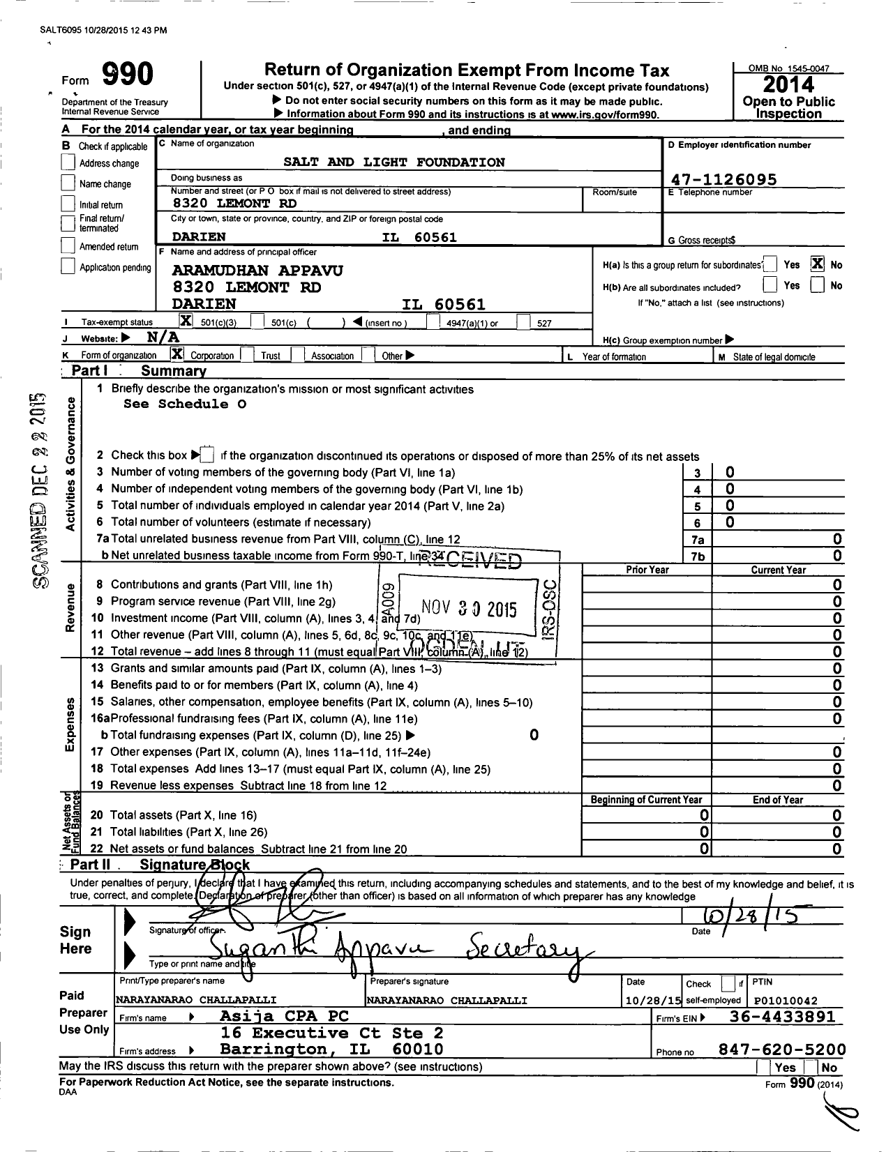 Image of first page of 2014 Form 990 for Salt And Light Foundation