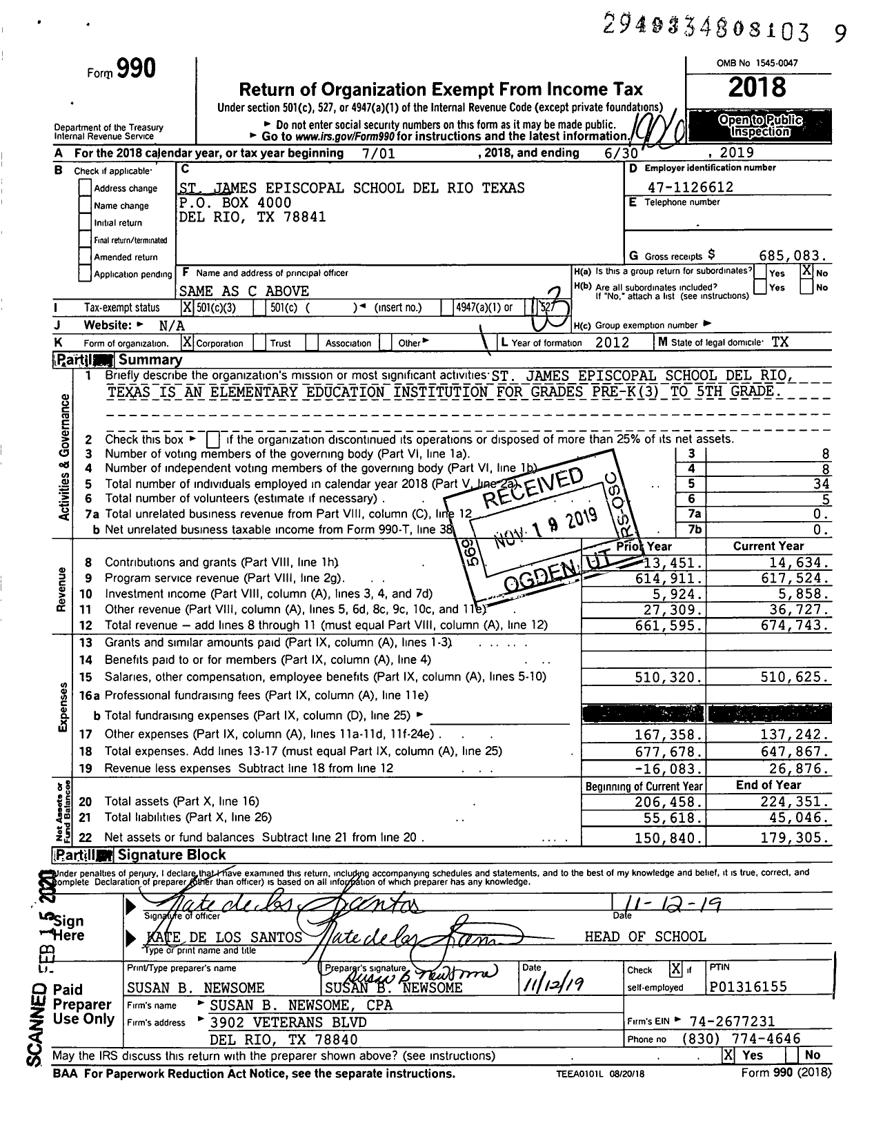 Image of first page of 2018 Form 990 for St James Episcopal School Del Rio Texas