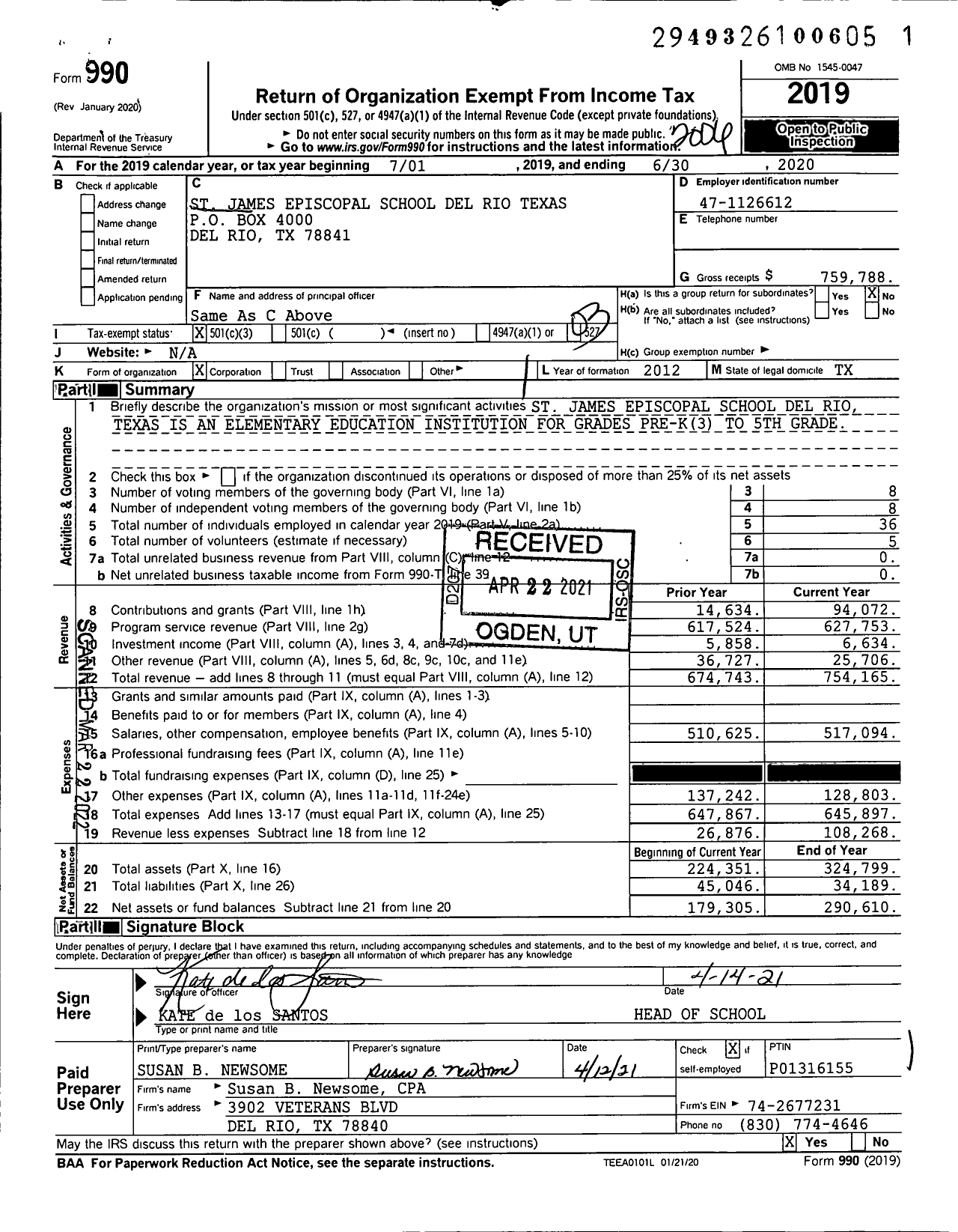 Image of first page of 2019 Form 990 for St James Episcopal School Del Rio Texas