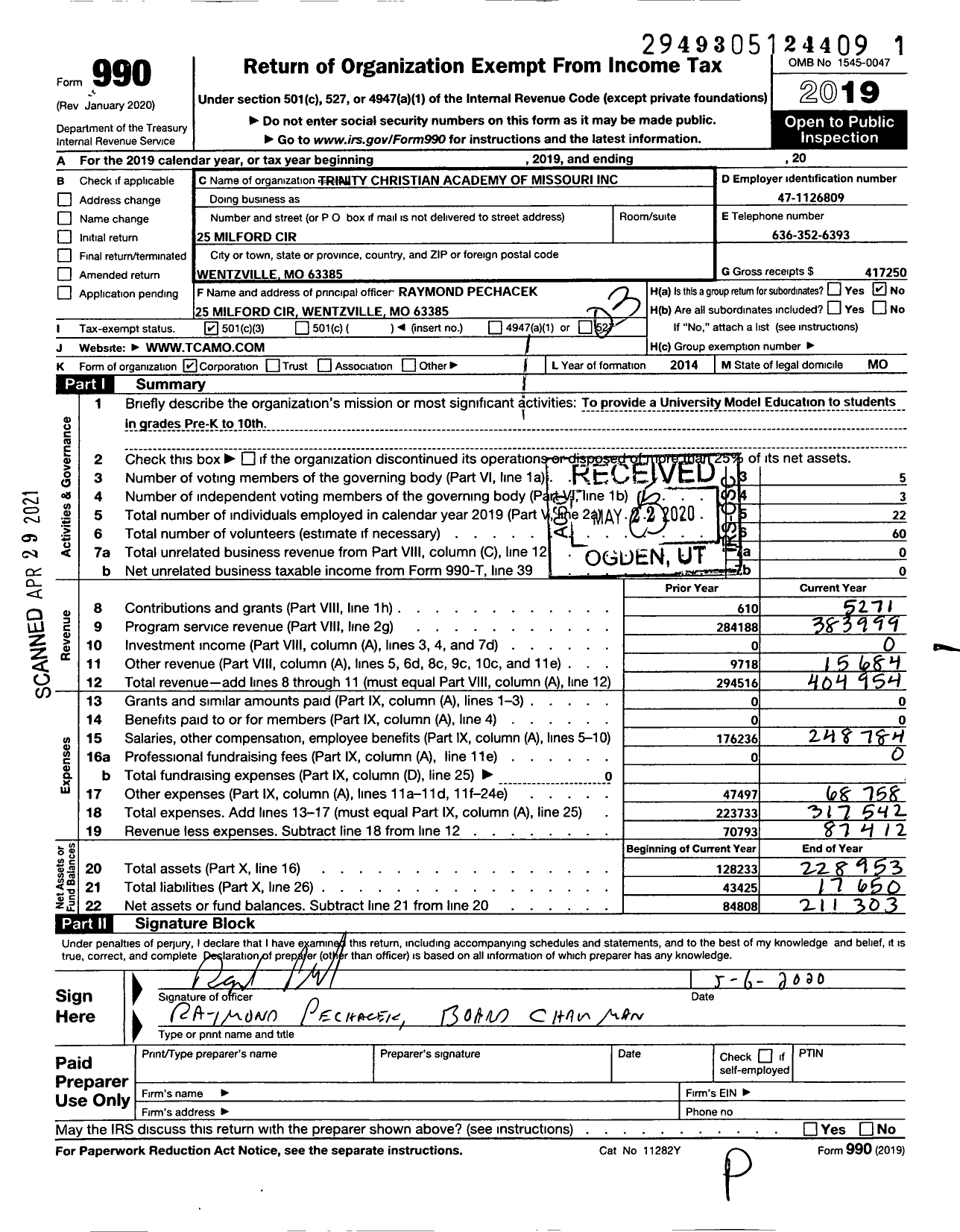 Image of first page of 2019 Form 990 for Trinity Christian Academy of Missouri