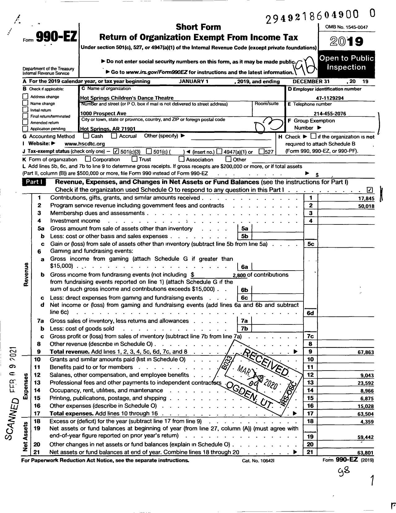 Image of first page of 2019 Form 990EZ for Hot Springs Childrens Dance Theatre