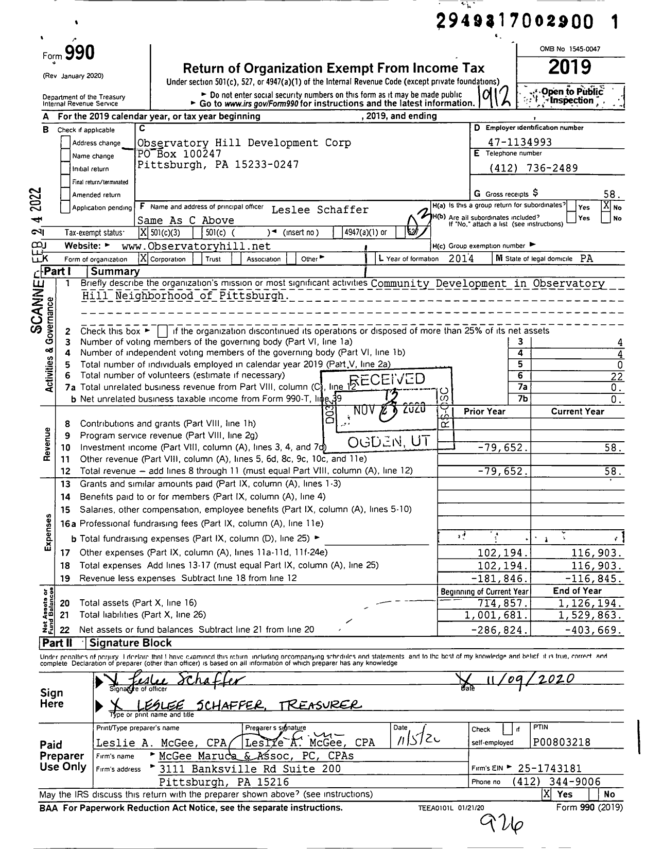 Image of first page of 2019 Form 990 for Observatory Hill Development Corp