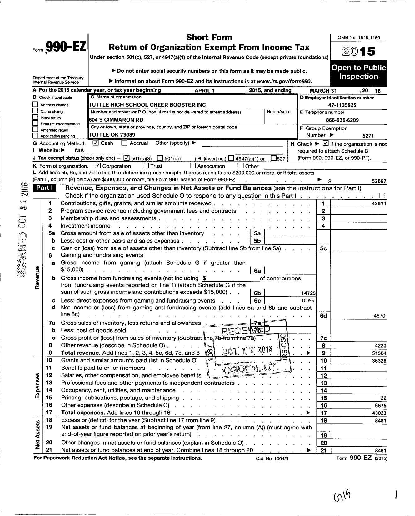 Image of first page of 2015 Form 990EZ for Parent Booster USA / Tuttle High School Cheer Booster in