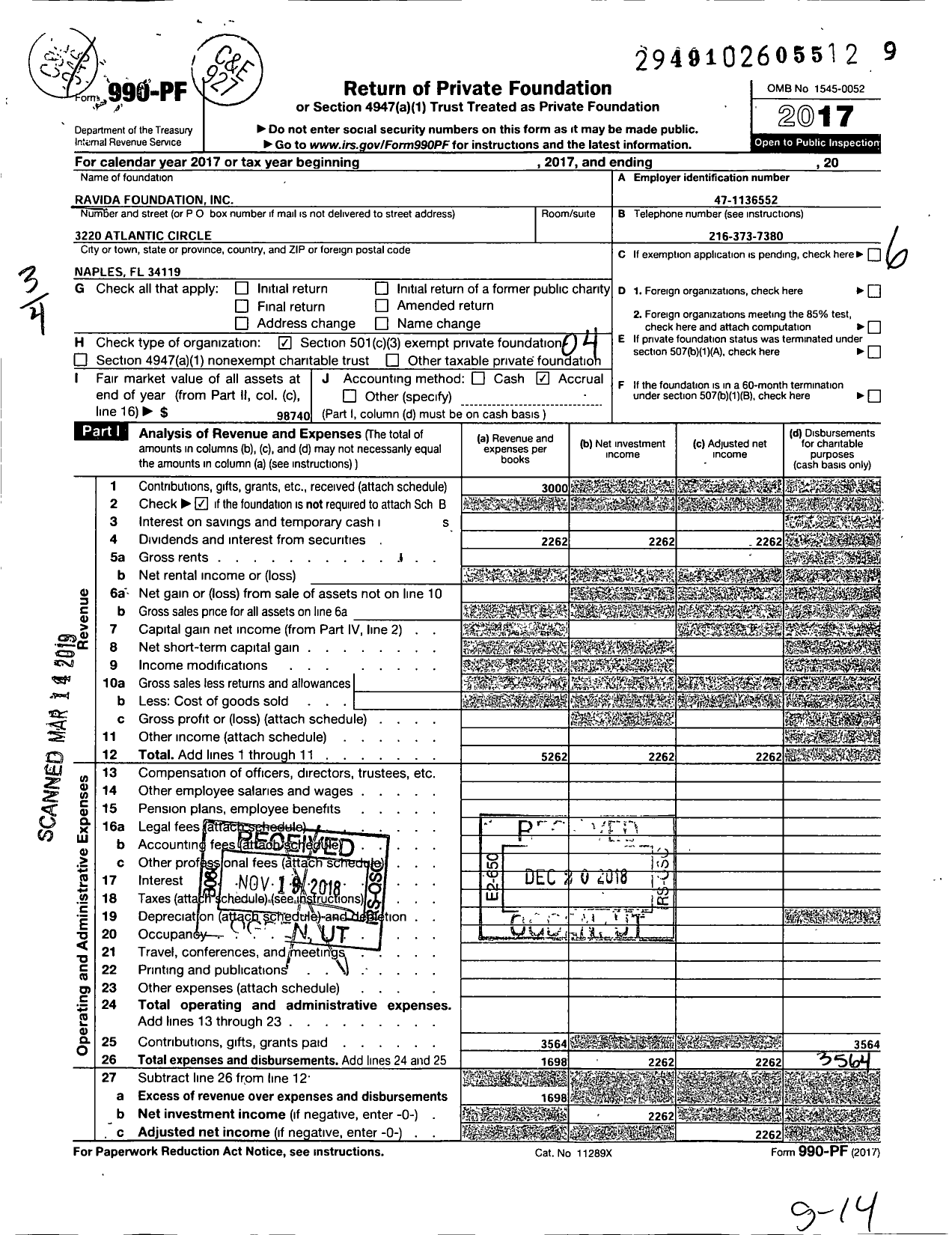 Image of first page of 2017 Form 990PF for Ravida Foundation