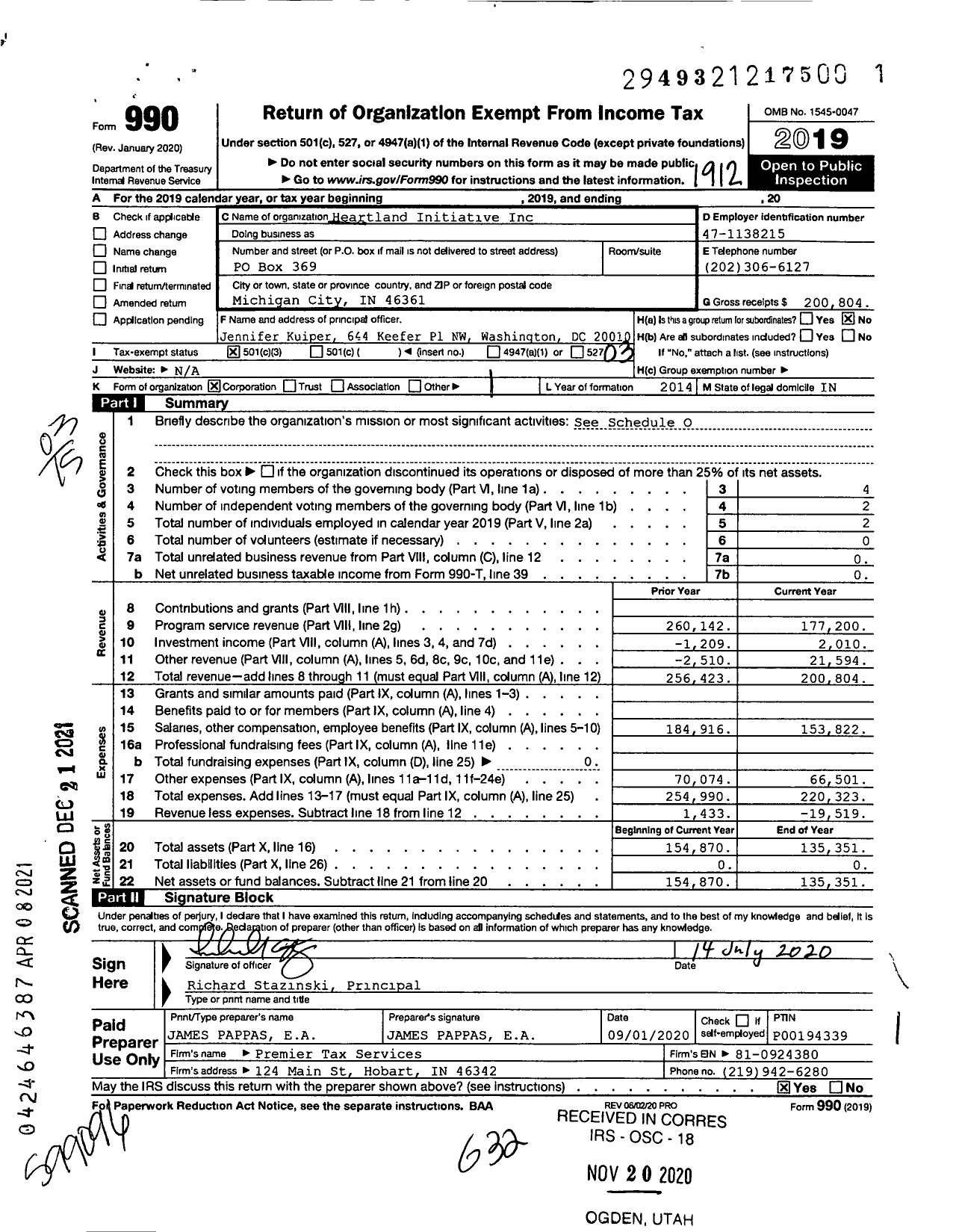 Image of first page of 2019 Form 990 for Heartland Initiative