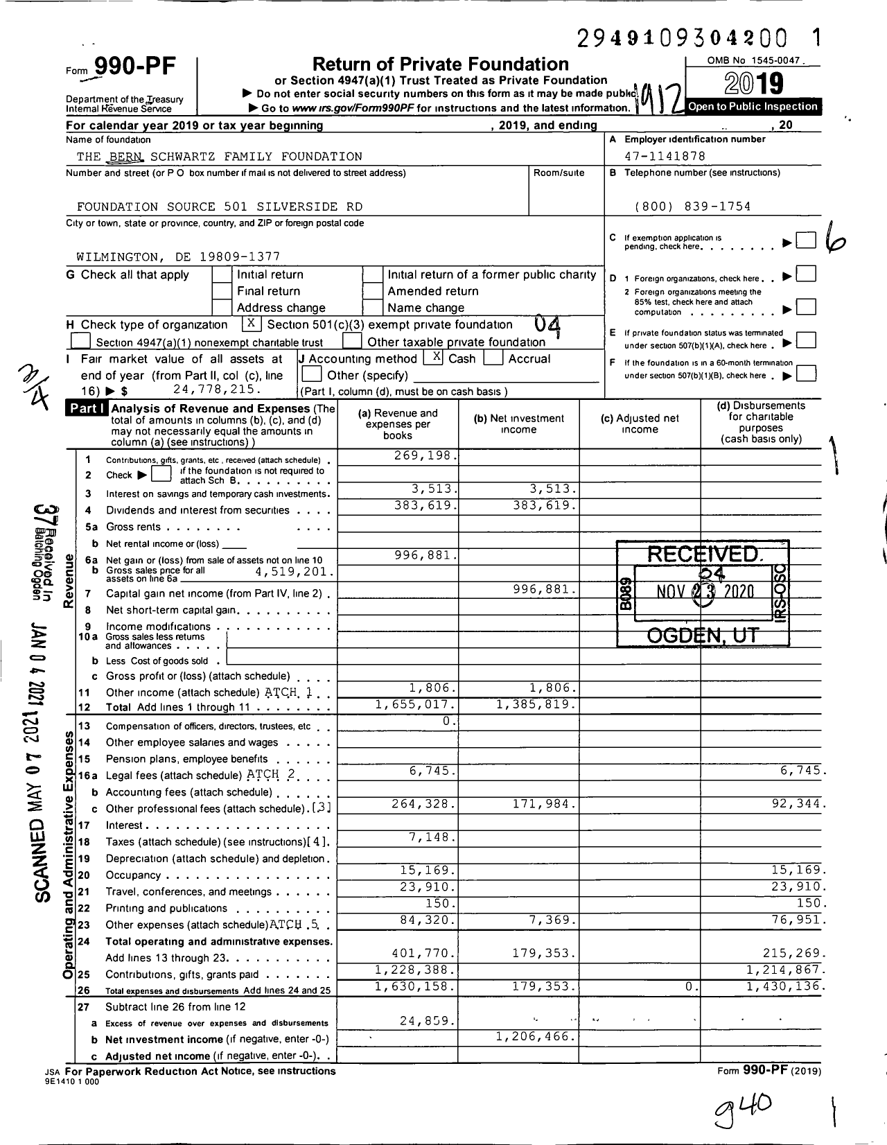 Image of first page of 2019 Form 990PF for The Bern Schwartz Family Foundation