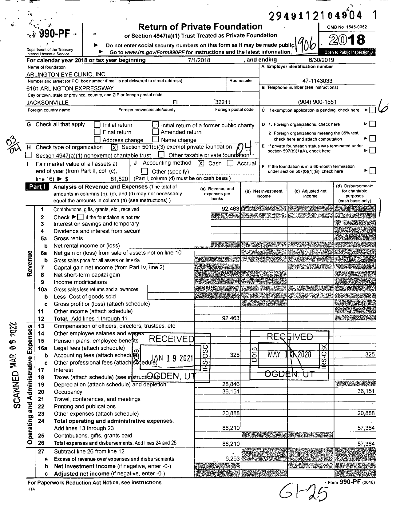 Image of first page of 2018 Form 990PF for Arlington Eye Clinic