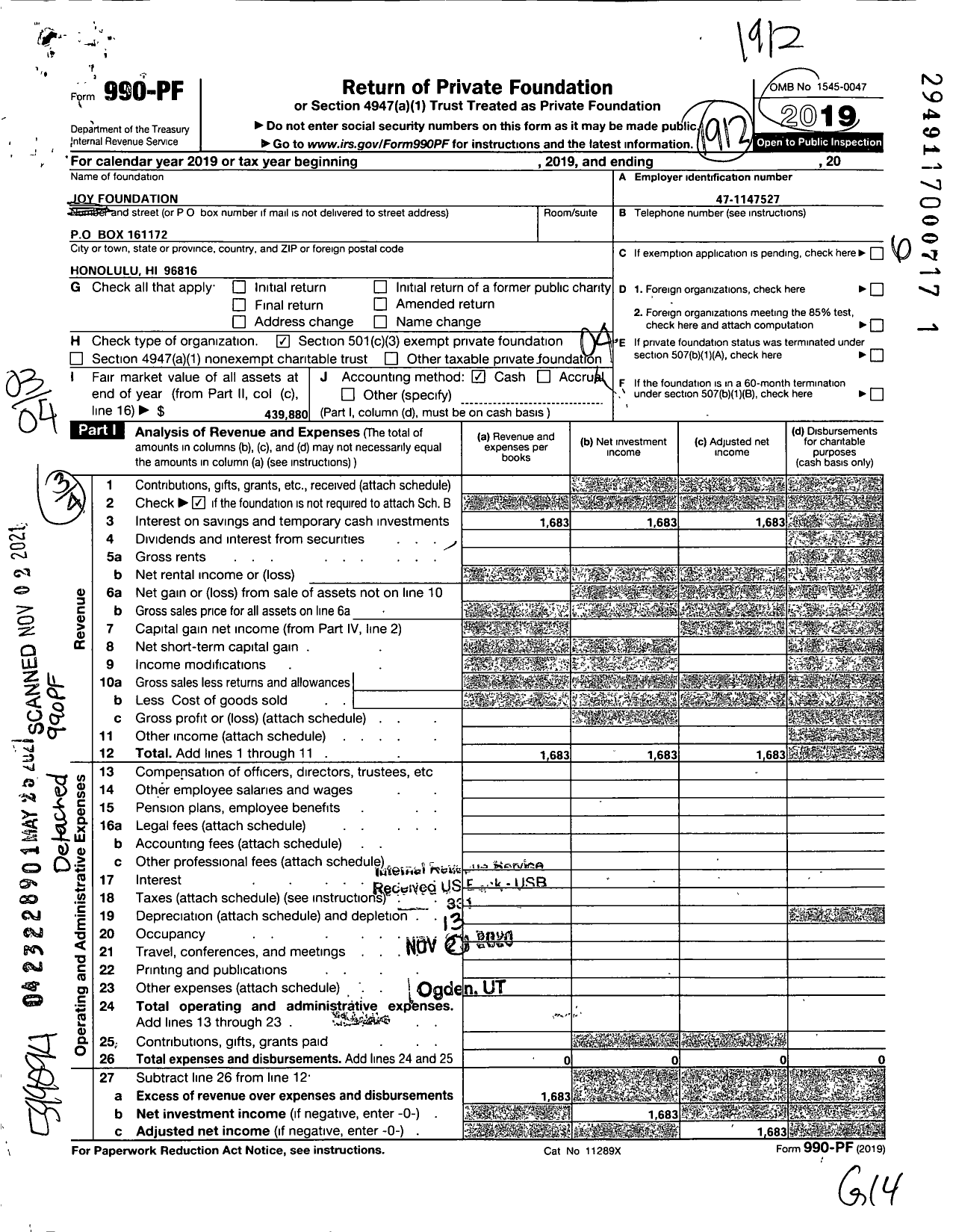 Image of first page of 2019 Form 990PF for Joy Foundation