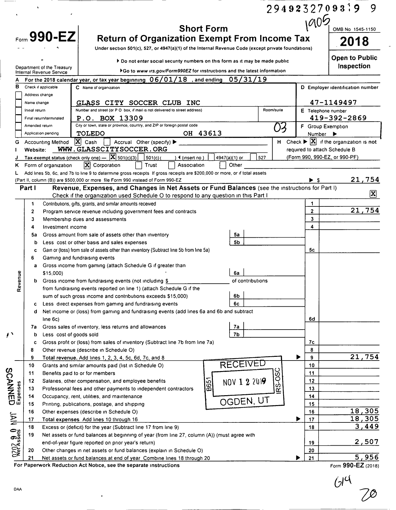 Image of first page of 2018 Form 990EZ for Glass City Soccer Club