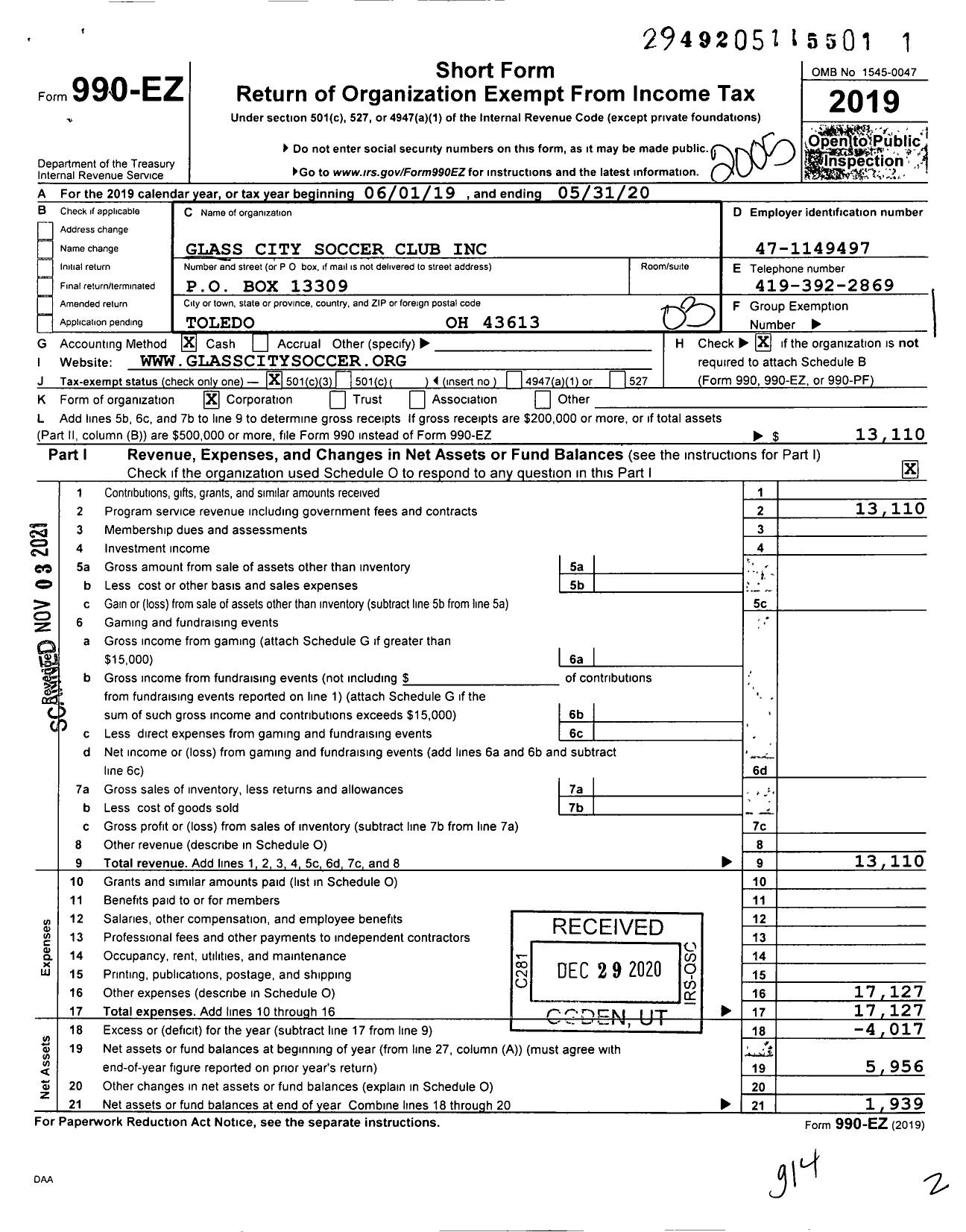 Image of first page of 2019 Form 990EZ for Glass City Soccer Club