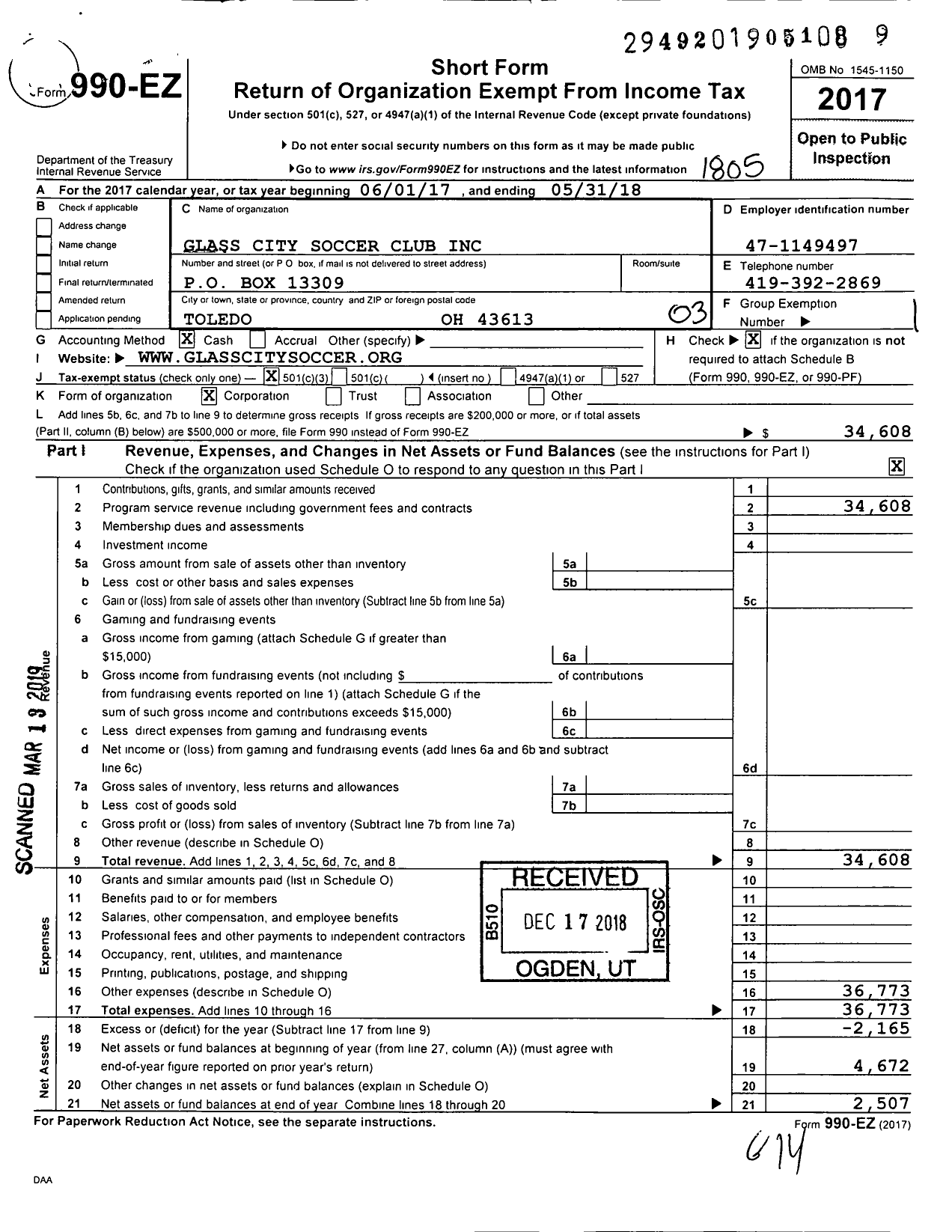 Image of first page of 2017 Form 990EZ for Glass City Soccer Club