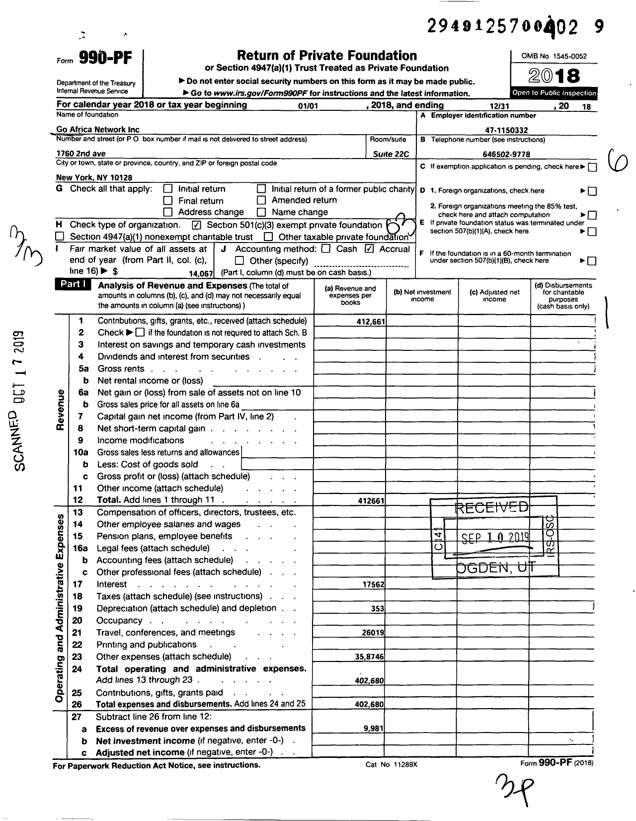 Image of first page of 2018 Form 990PF for Go Africa Network