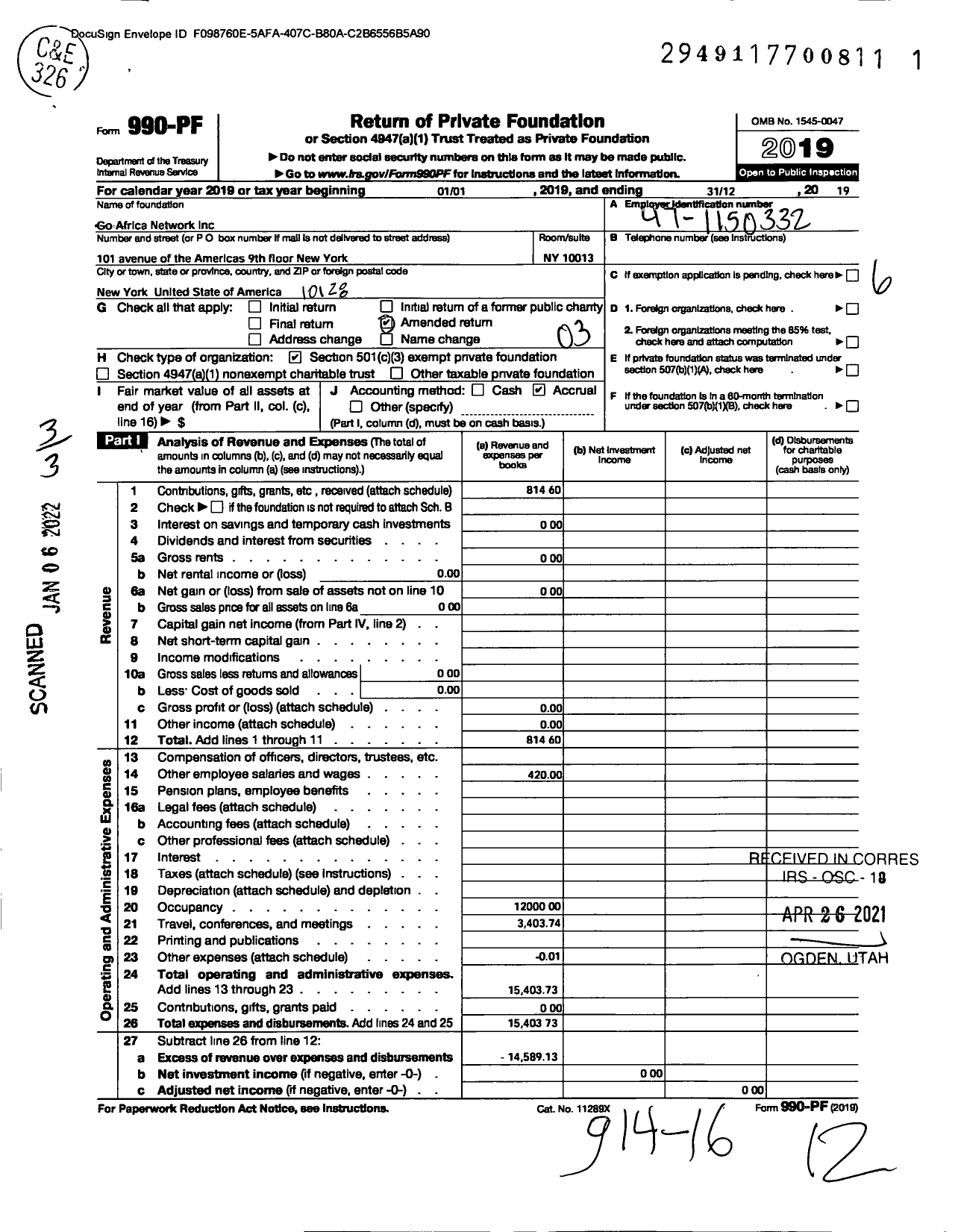 Image of first page of 2019 Form 990PF for Go Africa Network