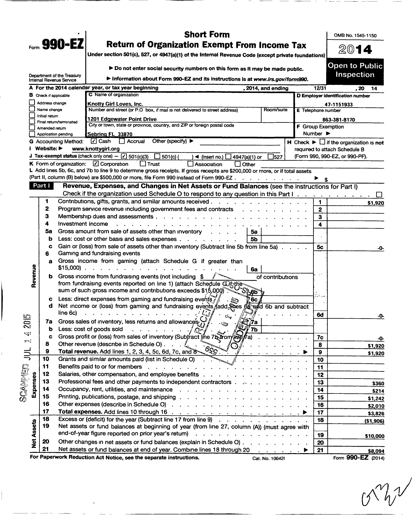 Image of first page of 2014 Form 990EZ for Knotty Girl Loves