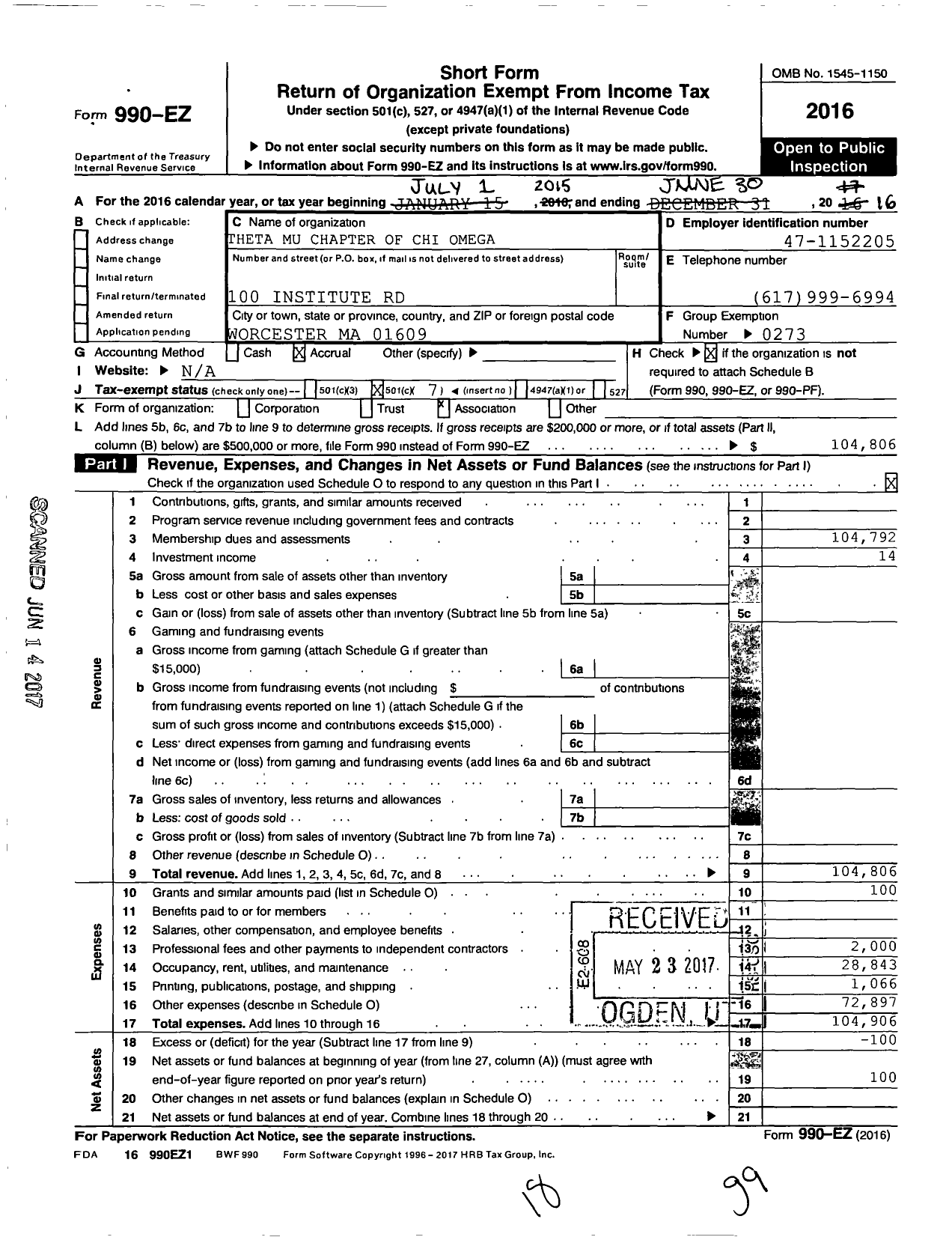 Image of first page of 2015 Form 990EO for Theta Mu Chapter of Chi Omega