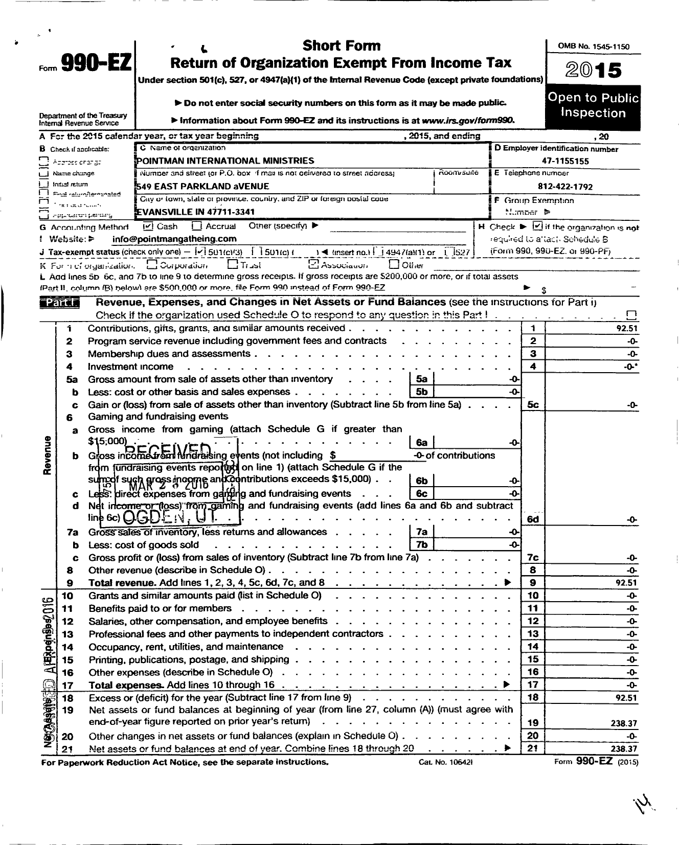 Image of first page of 2015 Form 990EZ for Point Man International Ministries / Pmim of Evansville in