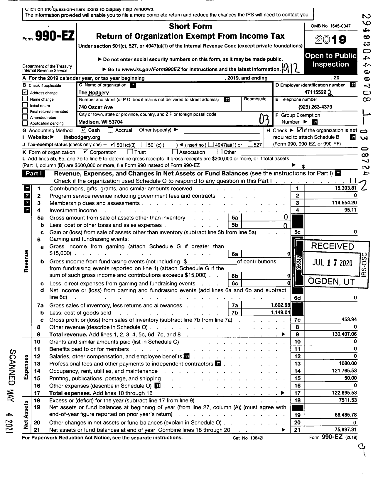 Image of first page of 2019 Form 990EZ for The Bodgery