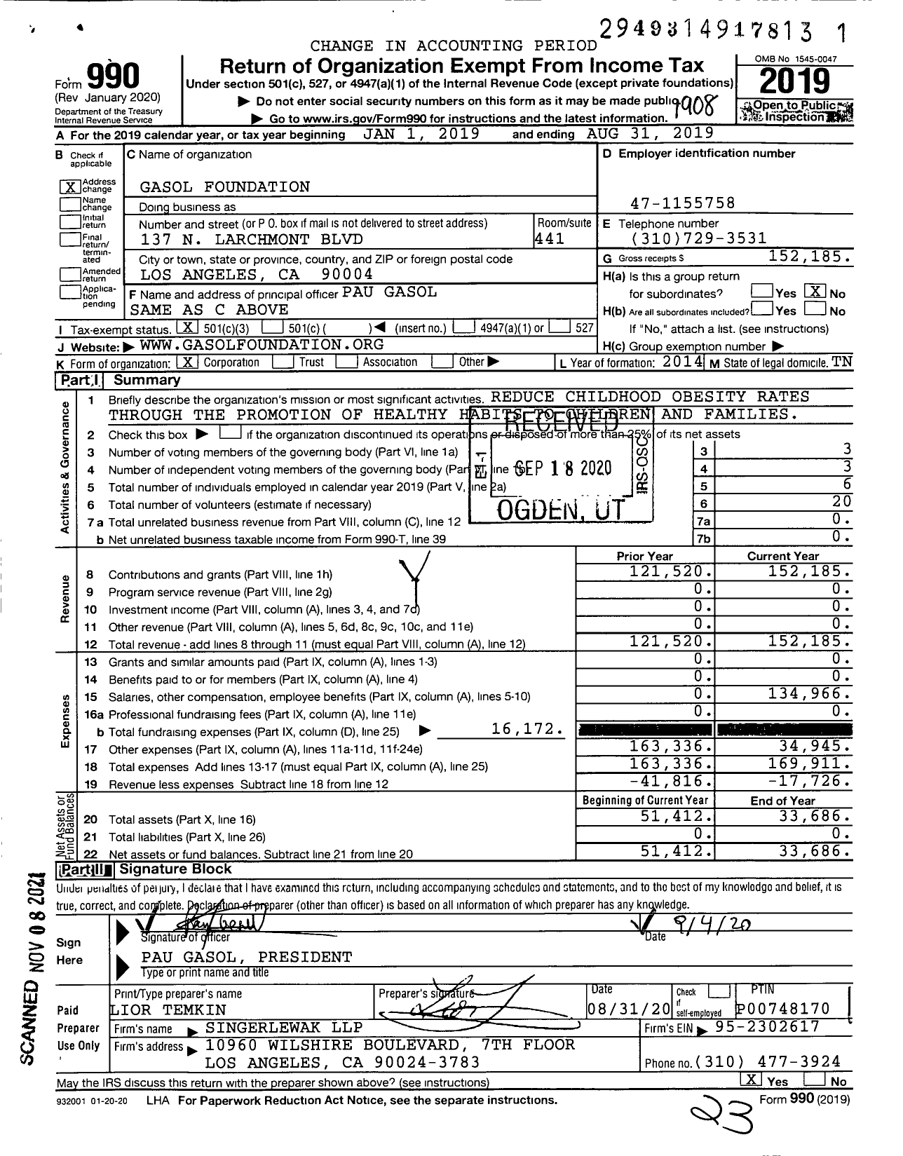 Image of first page of 2018 Form 990 for Gasol Foundation