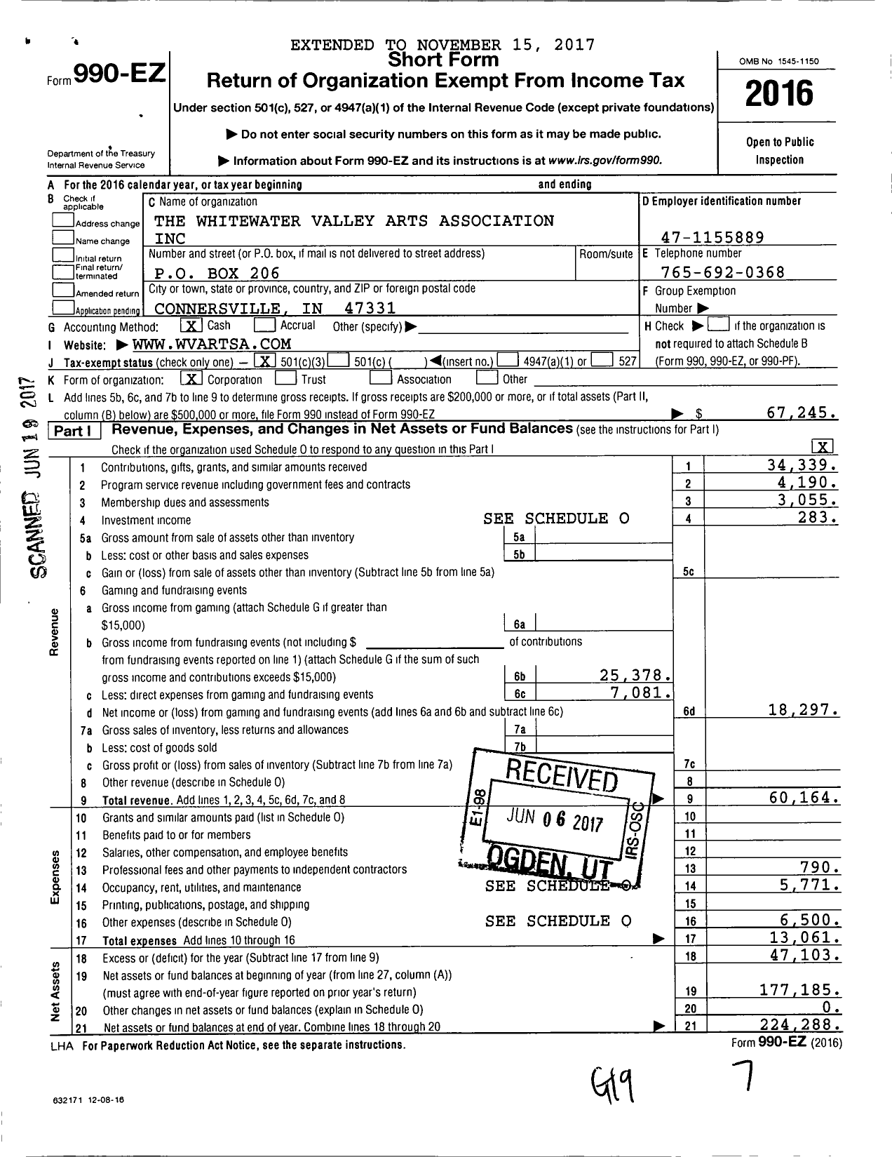 Image of first page of 2016 Form 990EZ for Whitewater Valley Arts Association