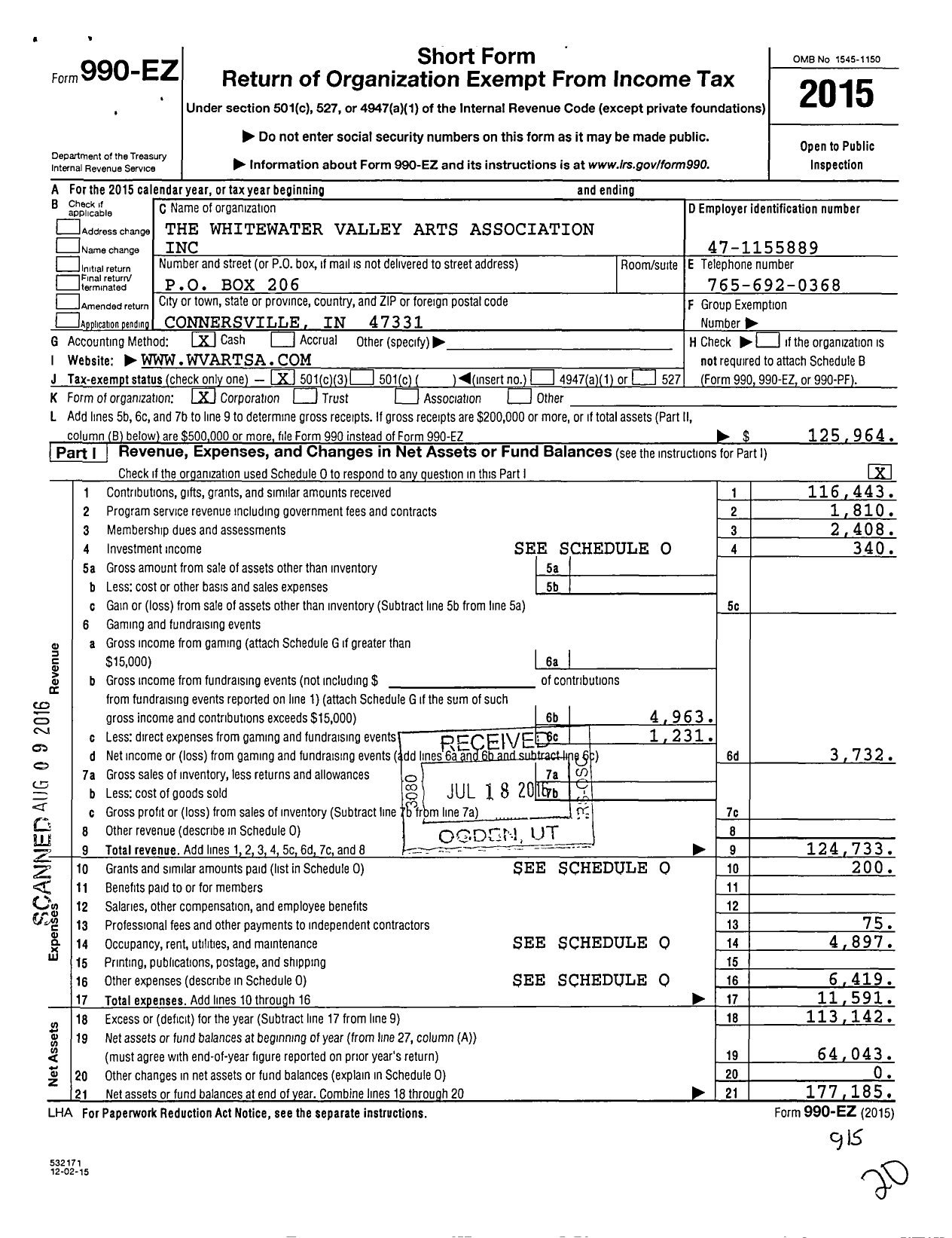 Image of first page of 2015 Form 990EZ for Whitewater Valley Arts Association