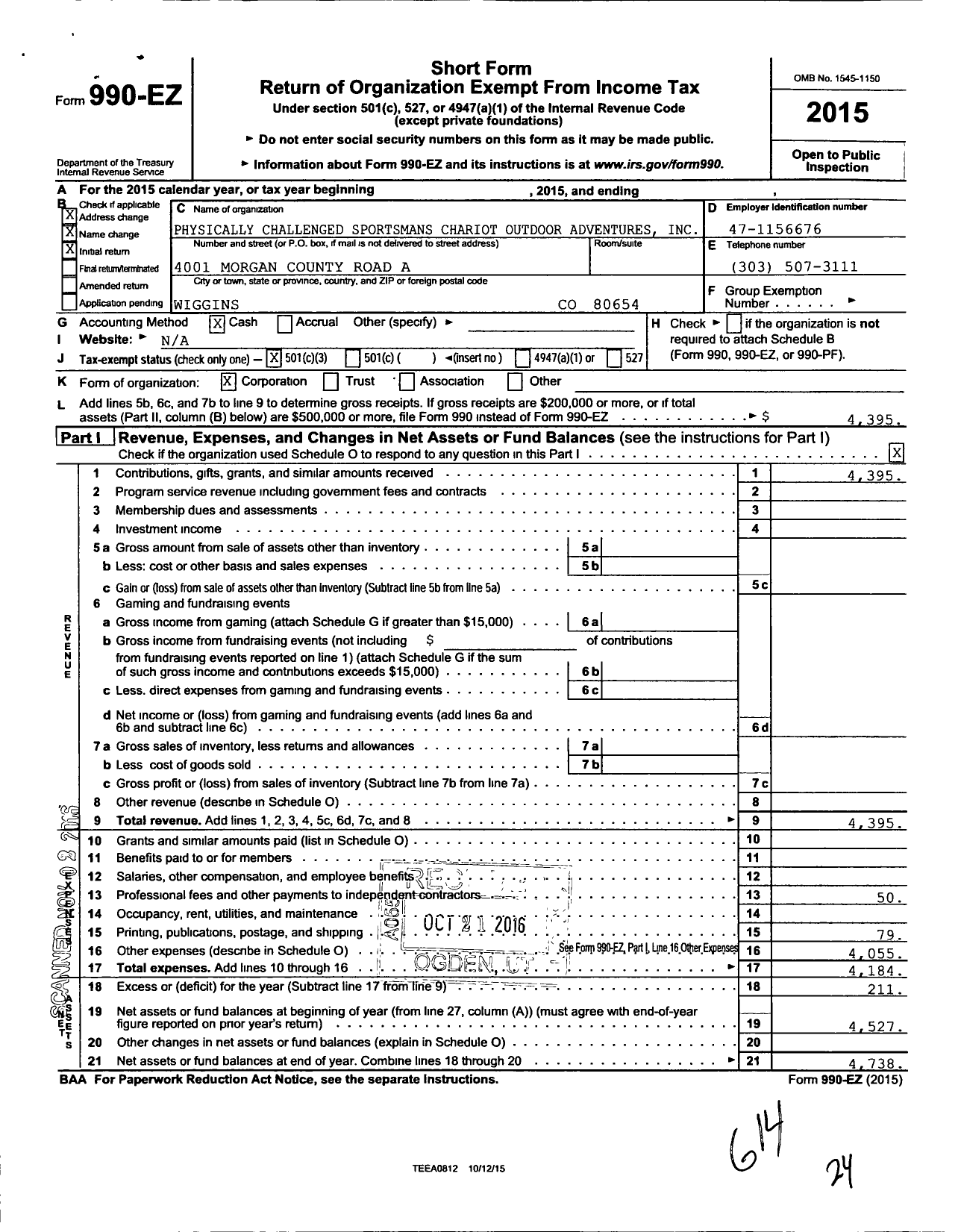 Image of first page of 2015 Form 990EZ for Physically Challenged Sportsmans Chariot Outdoor Adventures