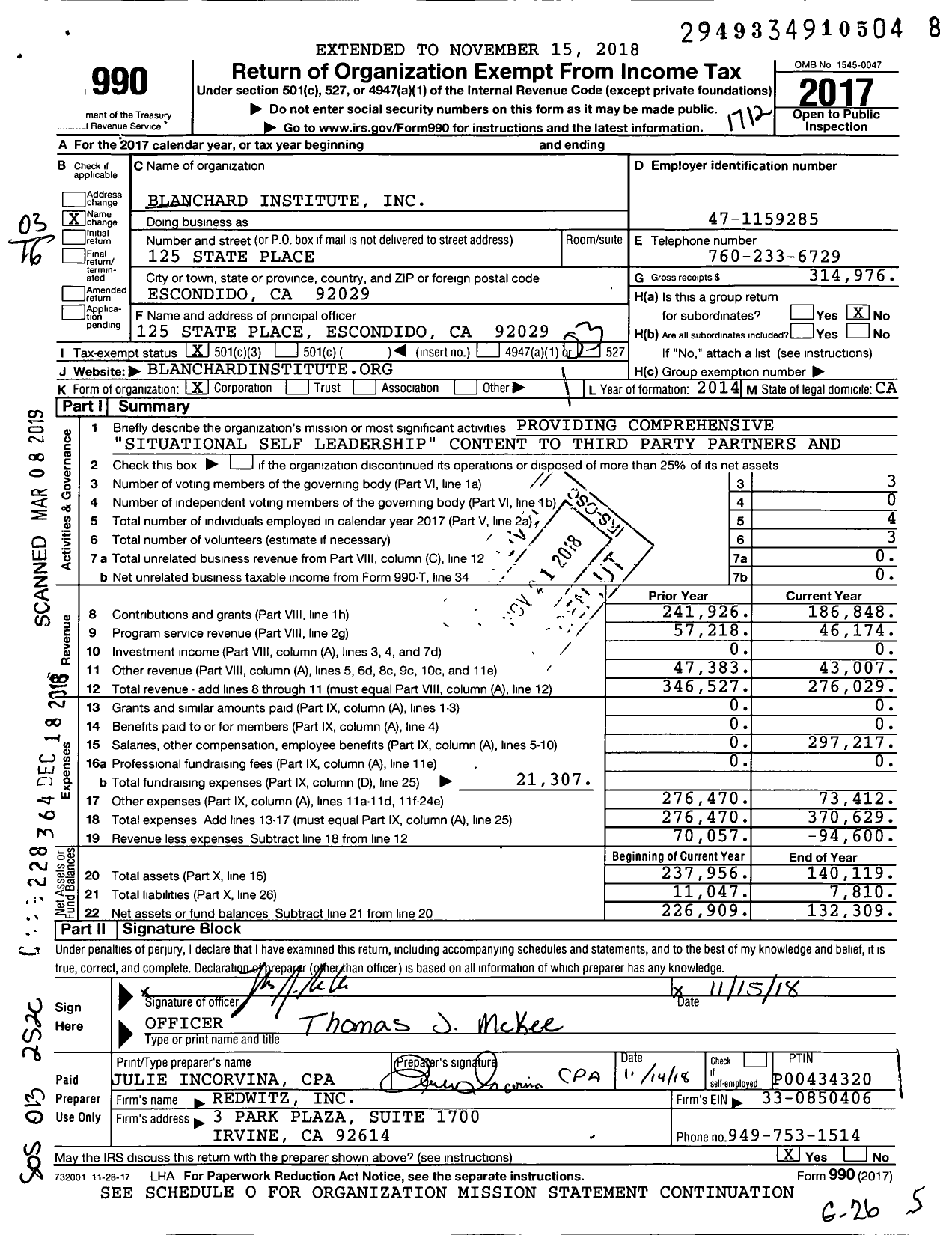 Image of first page of 2017 Form 990 for Blanchard Institute