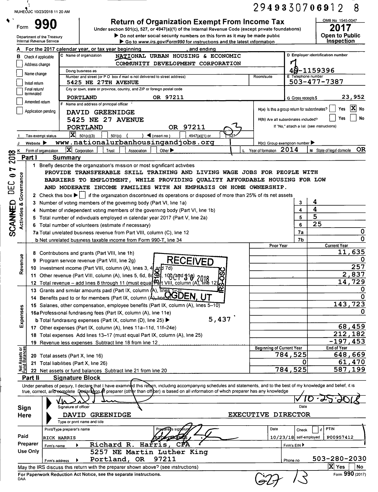 Image of first page of 2017 Form 990 for National Urban Housing and Economic Community Development Corporation (NUHECDC)