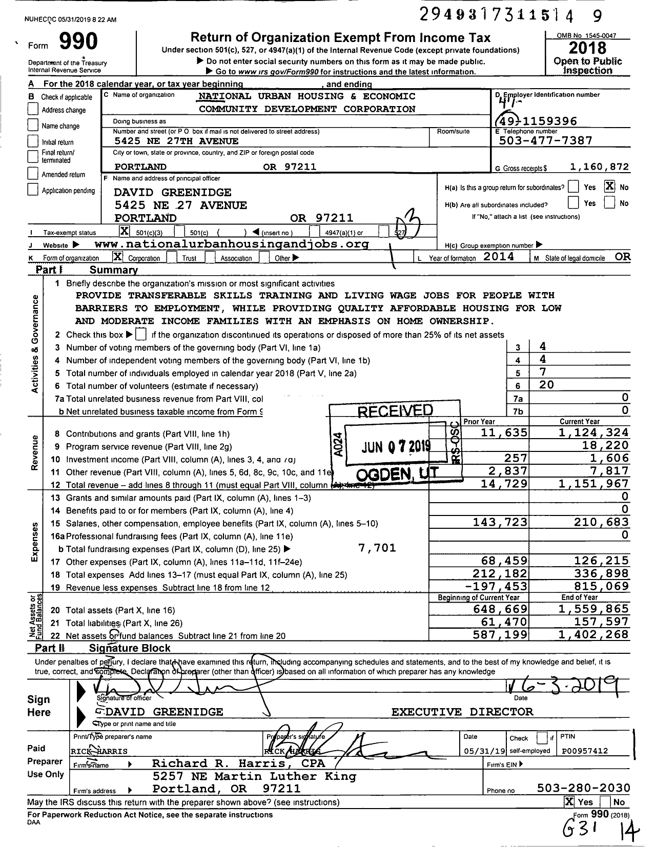 Image of first page of 2018 Form 990 for National Urban Housing and Economic Community Development Corporation (NUHECDC)