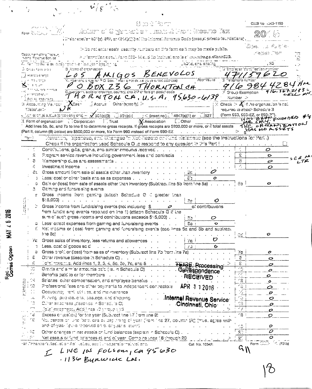 Image of first page of 2015 Form 990EZ for Los Amigos Benevolos