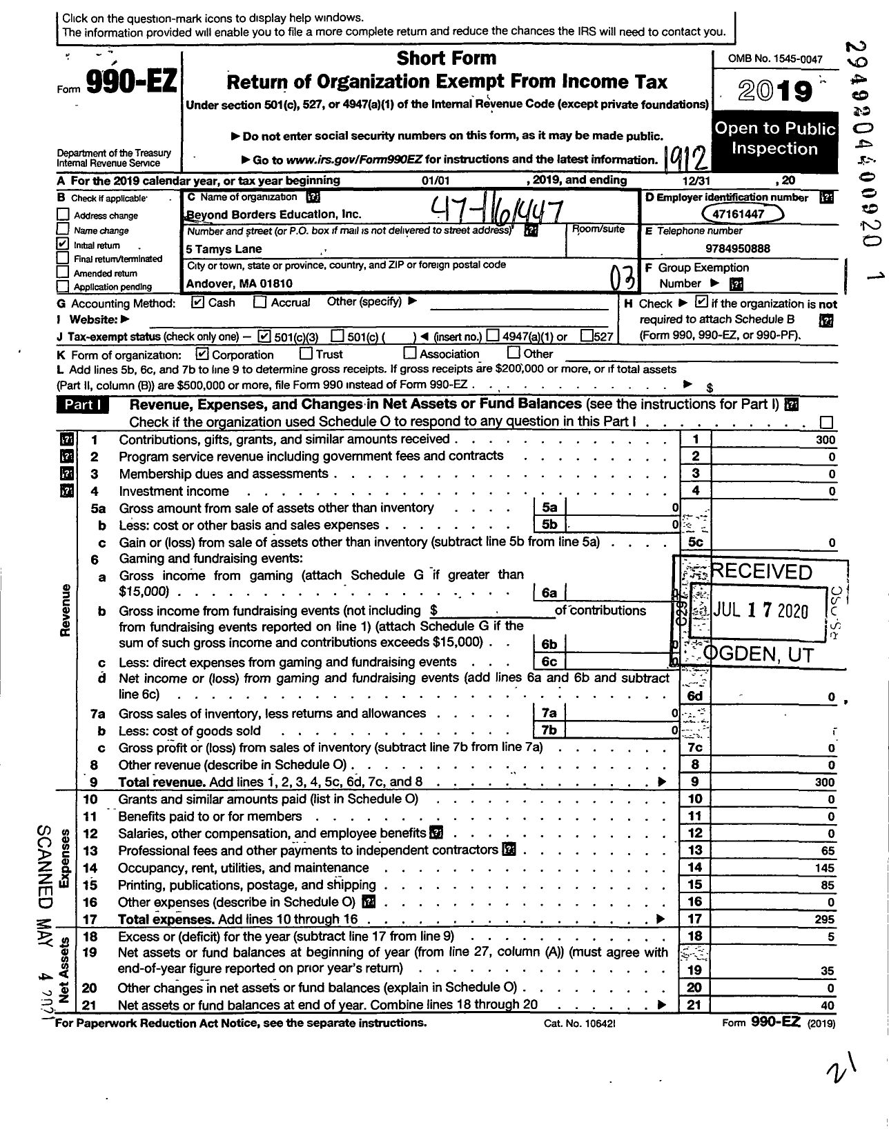 Image of first page of 2019 Form 990EZ for Beyond Borders Education