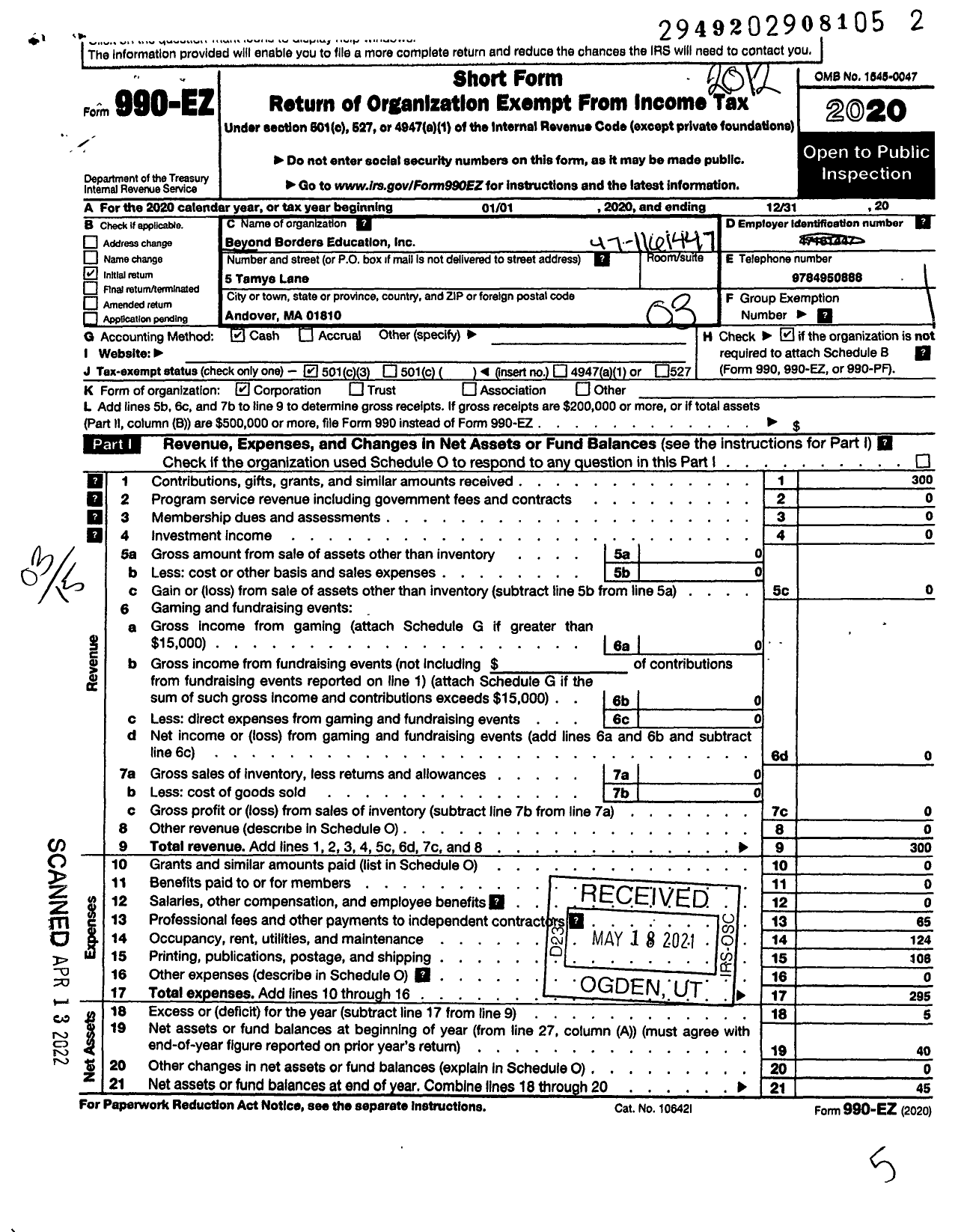 Image of first page of 2020 Form 990EZ for Beyond Borders Education