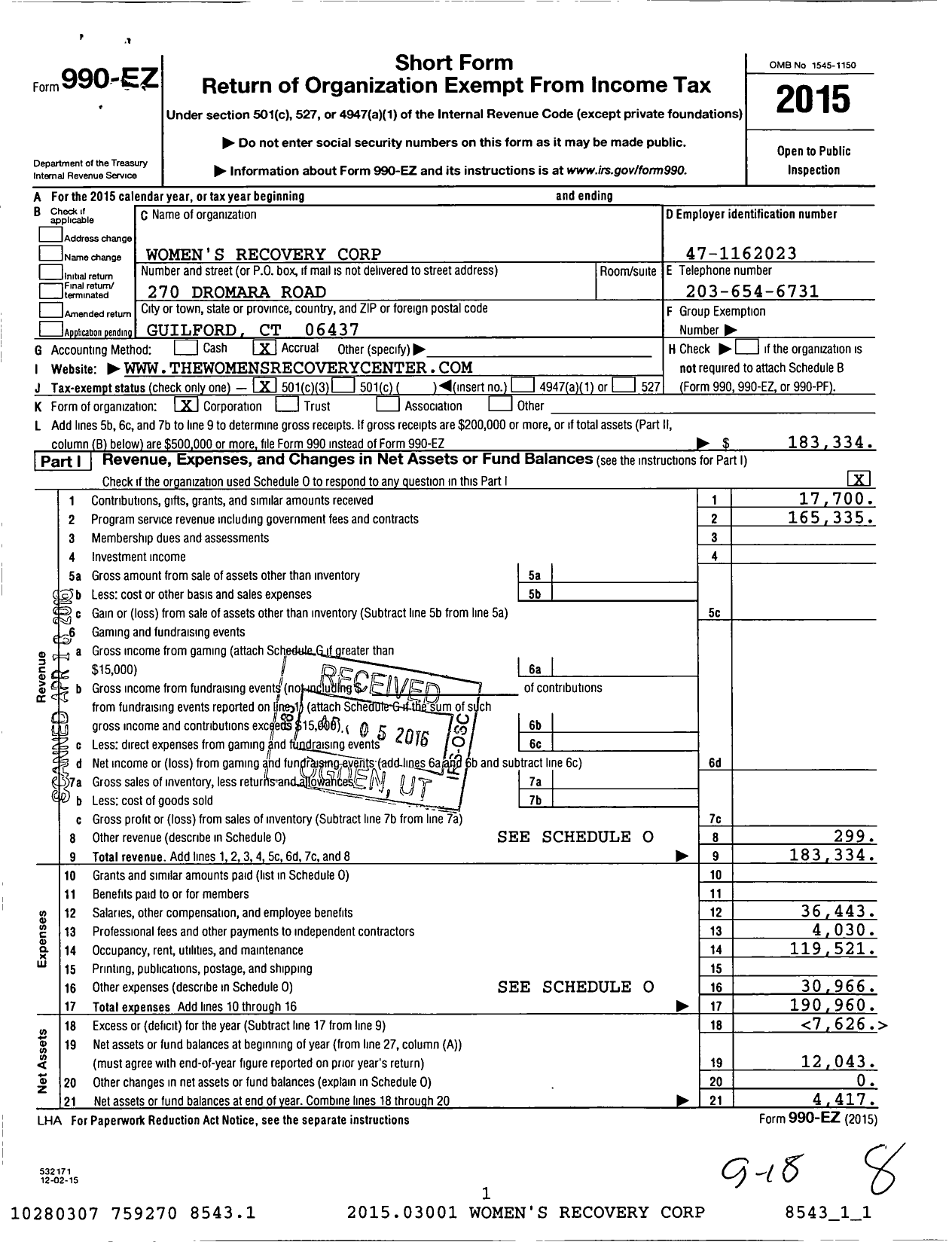 Image of first page of 2015 Form 990EZ for Addiction Recovery Resources Corporation