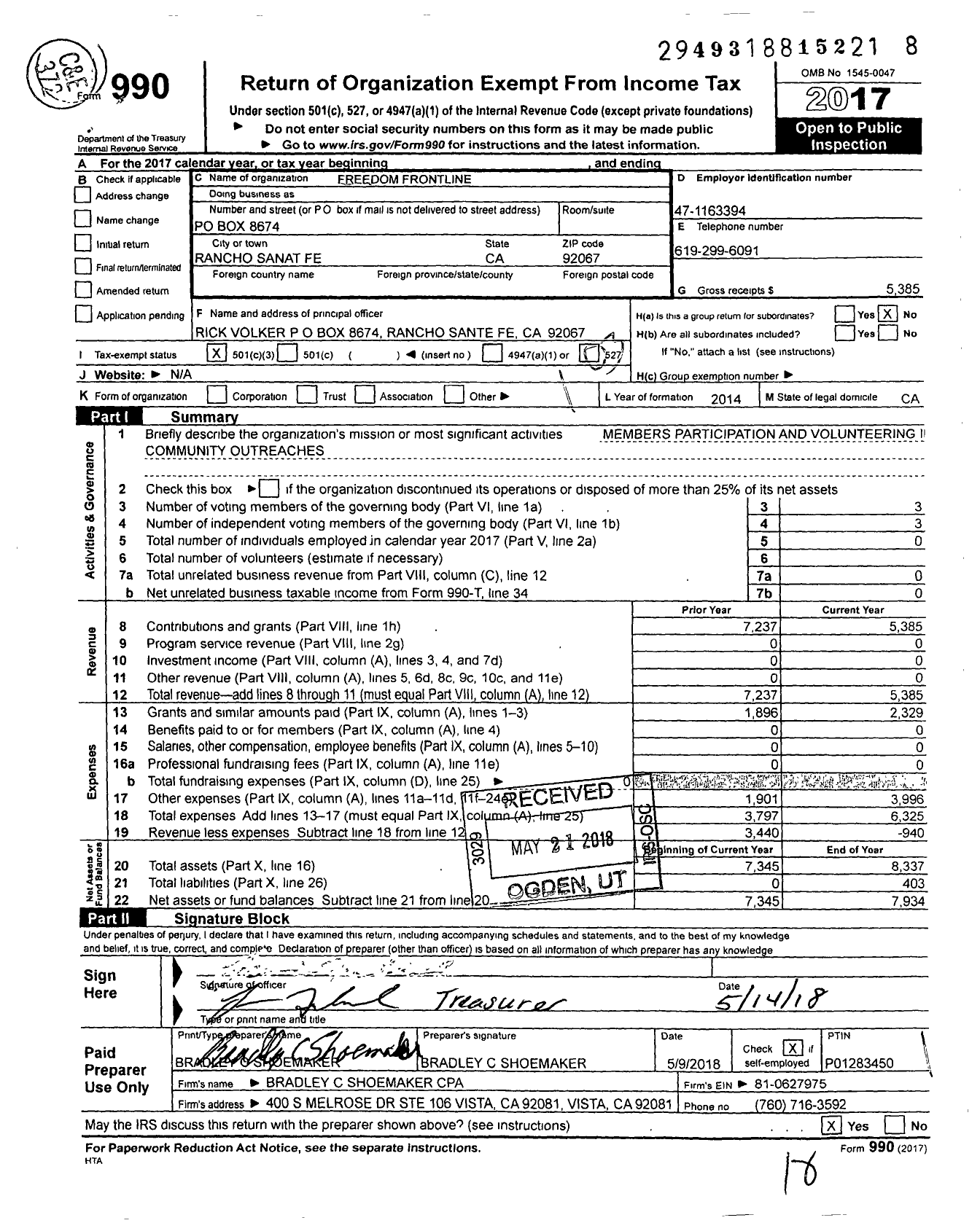 Image of first page of 2017 Form 990 for Freedom Frontline