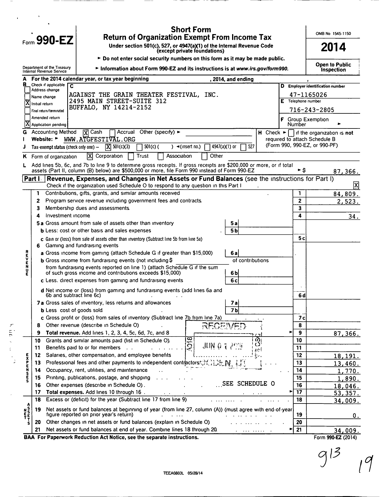 Image of first page of 2014 Form 990EZ for Against the Grain Theater Festival