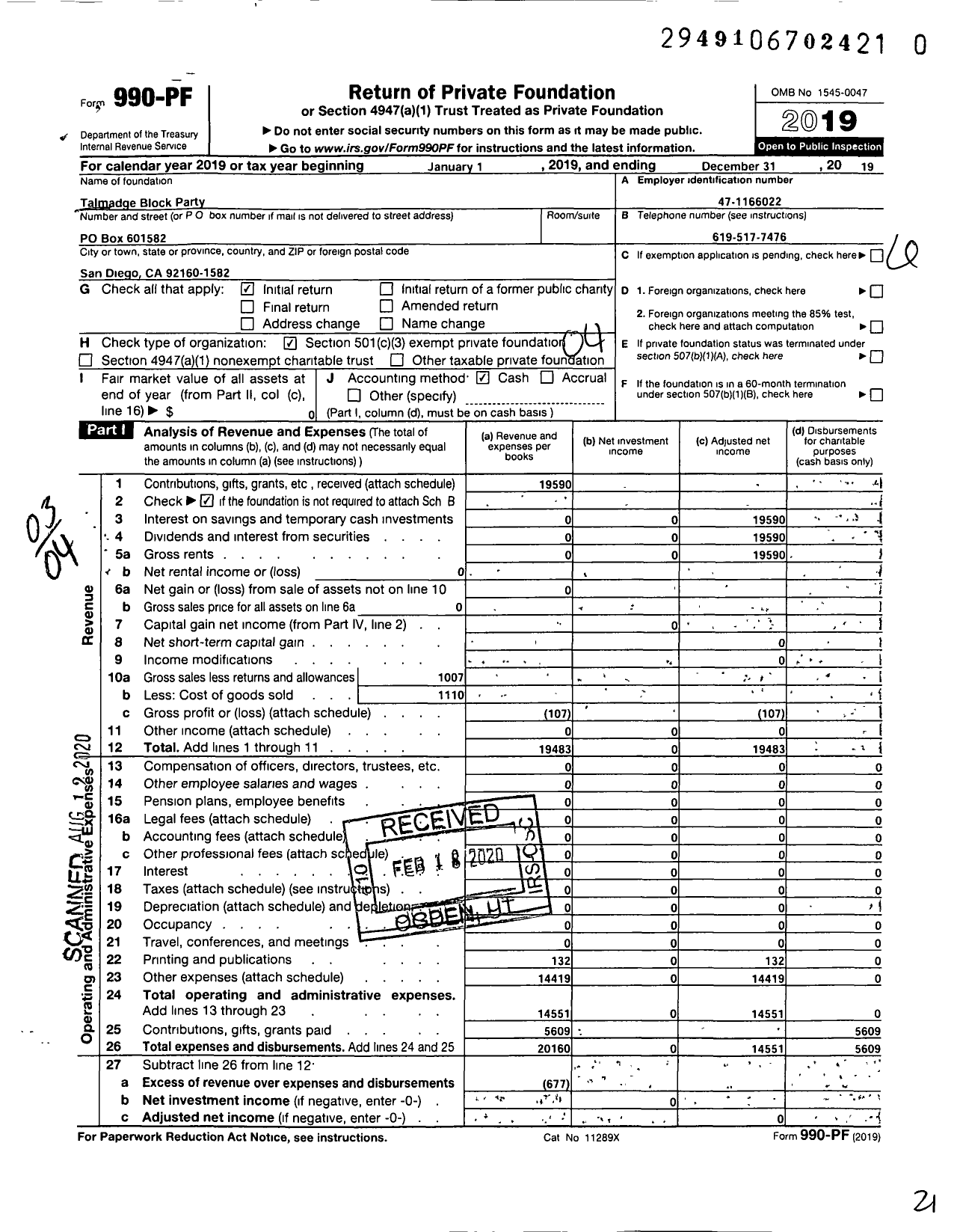 Image of first page of 2019 Form 990PR for Talmadge Block Party