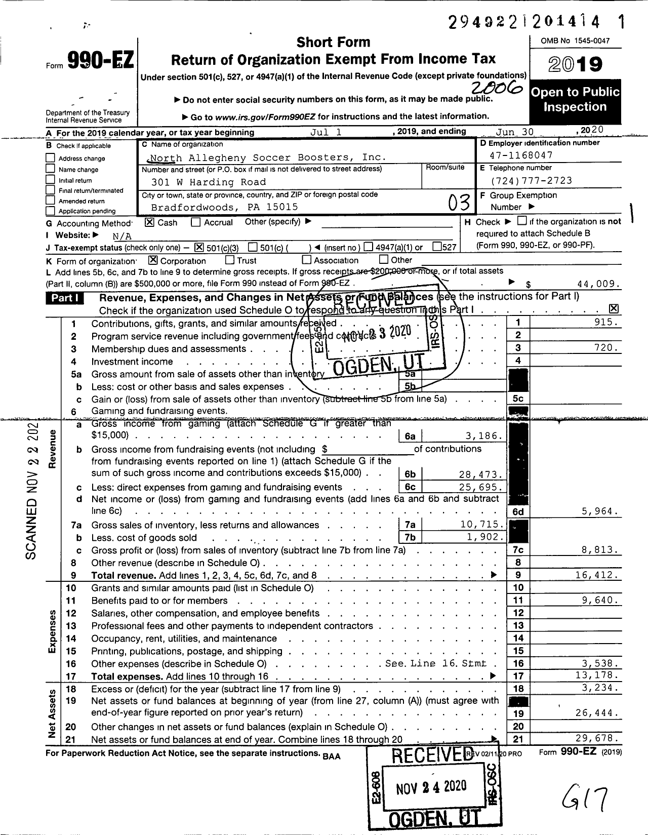 Image of first page of 2019 Form 990EZ for North Allegheny Soccer Boosters