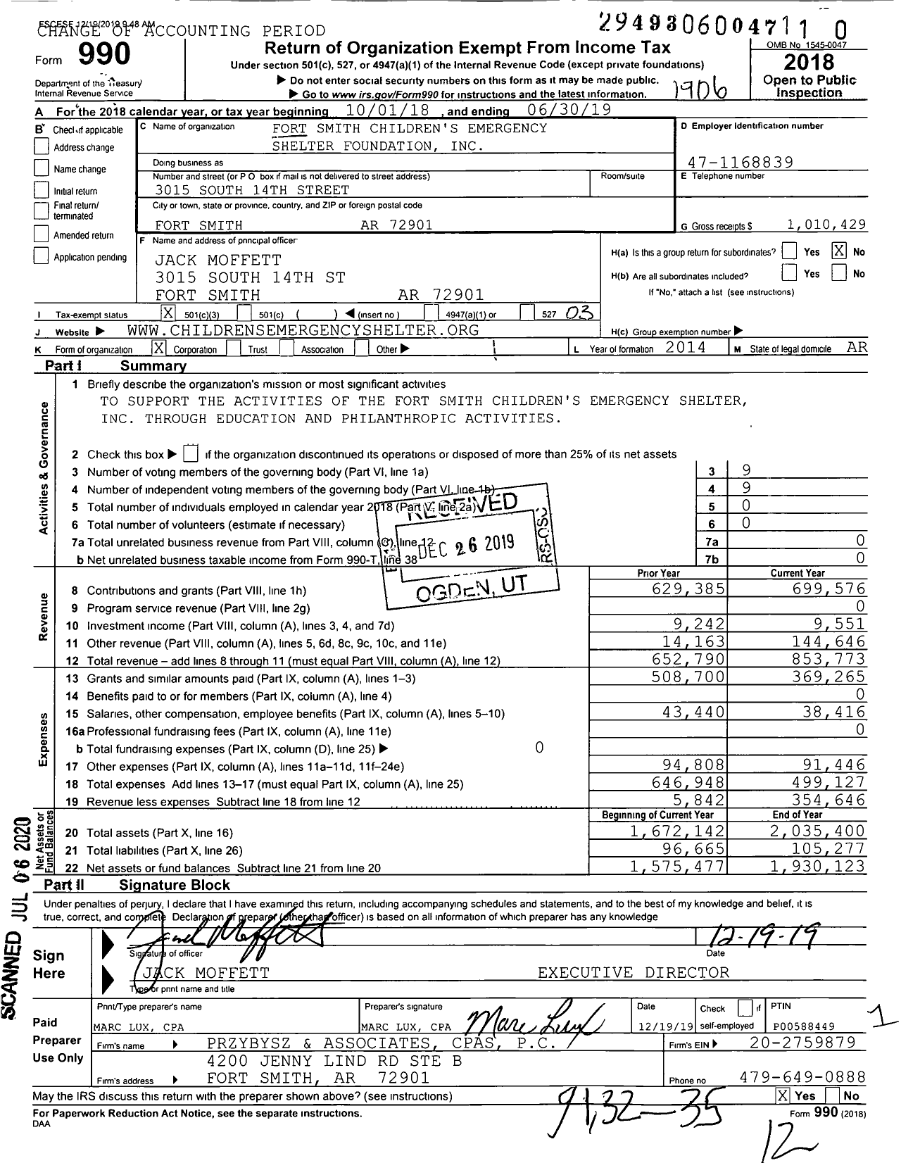 Image of first page of 2018 Form 990 for Fort Smith Children's Emergency Shelter Foundation