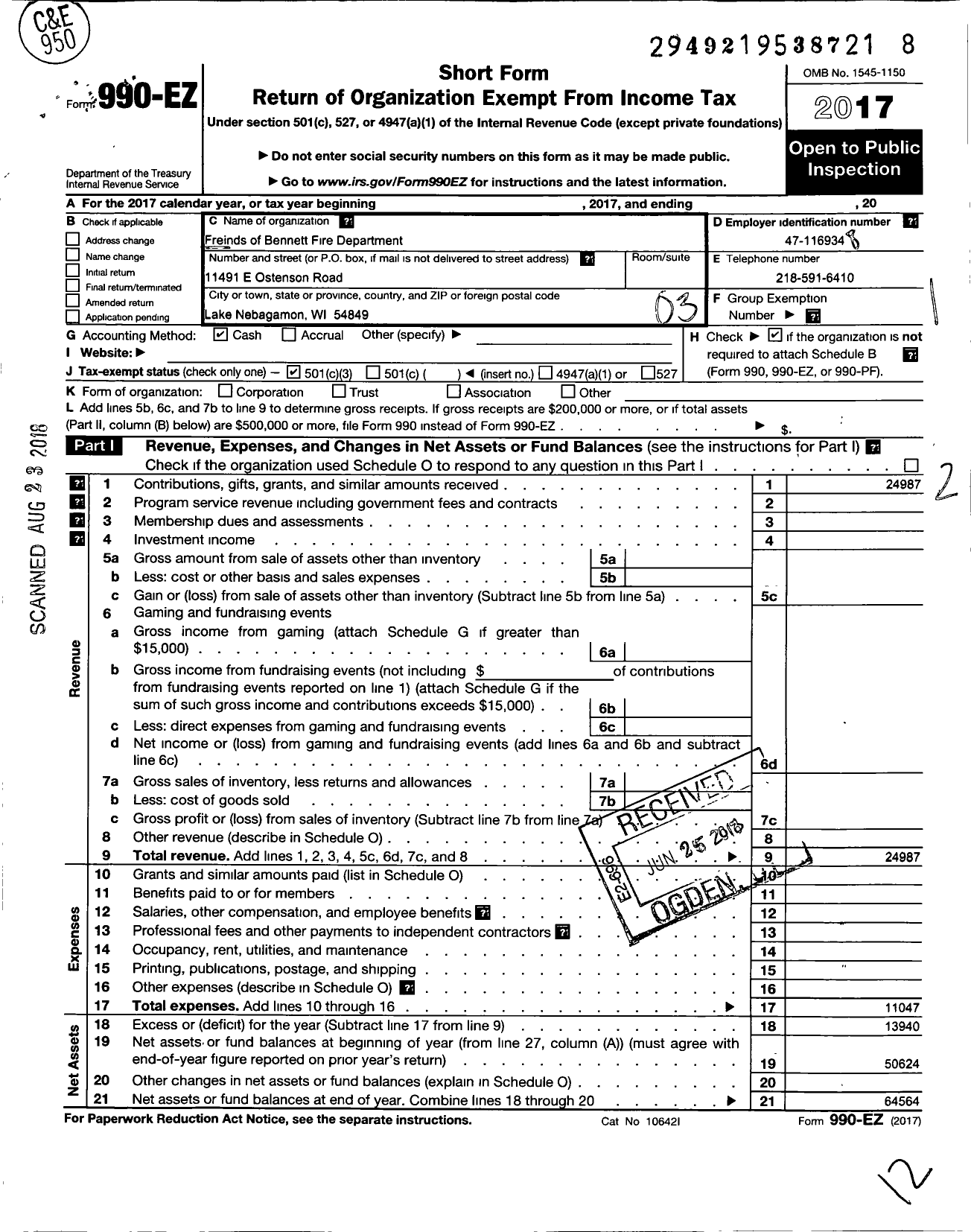 Image of first page of 2017 Form 990EZ for Friends of Bennett Fire Department