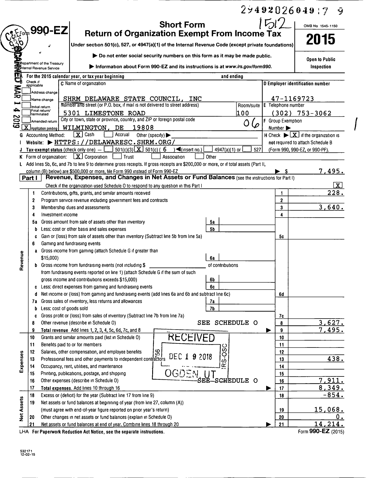 Image of first page of 2015 Form 990EO for SHRM Delaware State Council