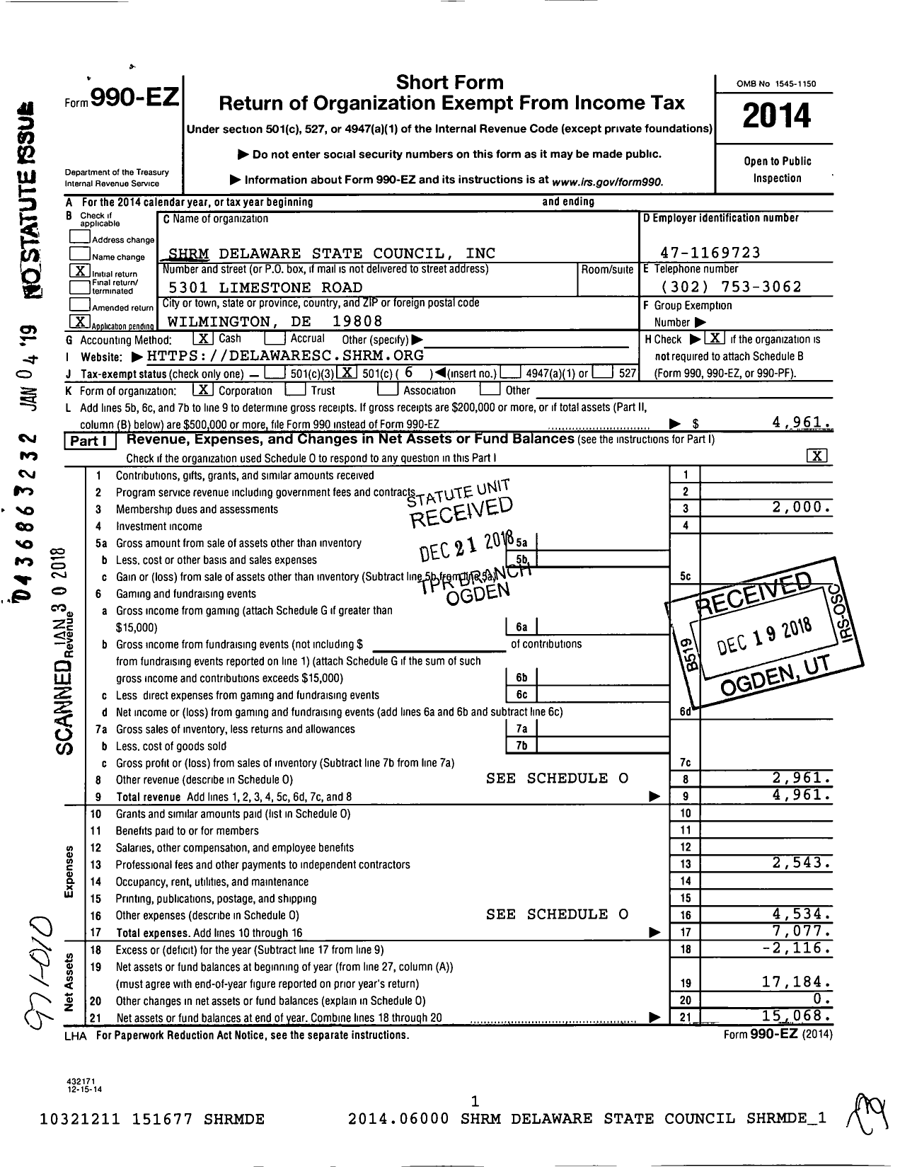 Image of first page of 2014 Form 990EOA for SHRM Delaware State Council