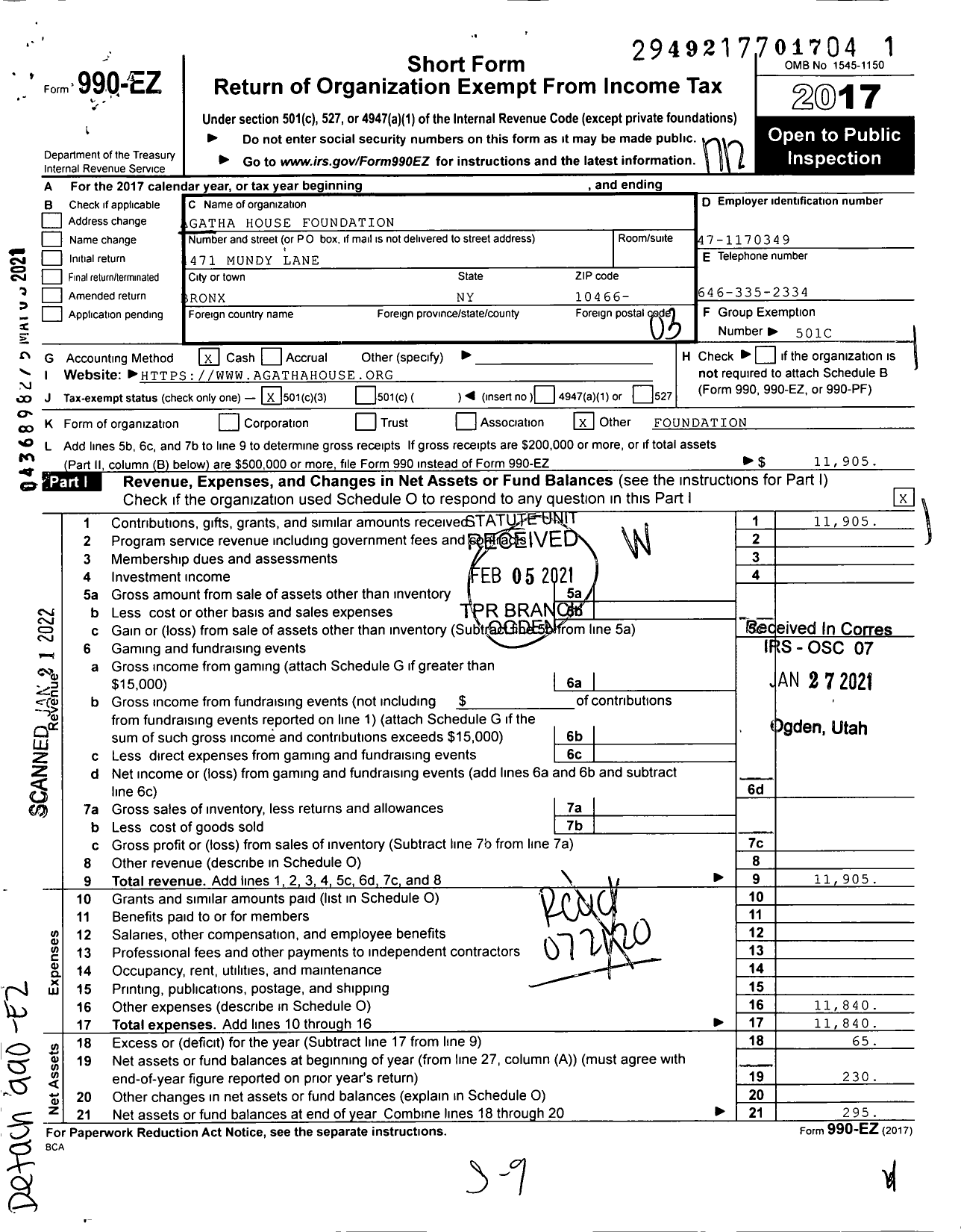 Image of first page of 2017 Form 990EZ for Agatha House Foundation