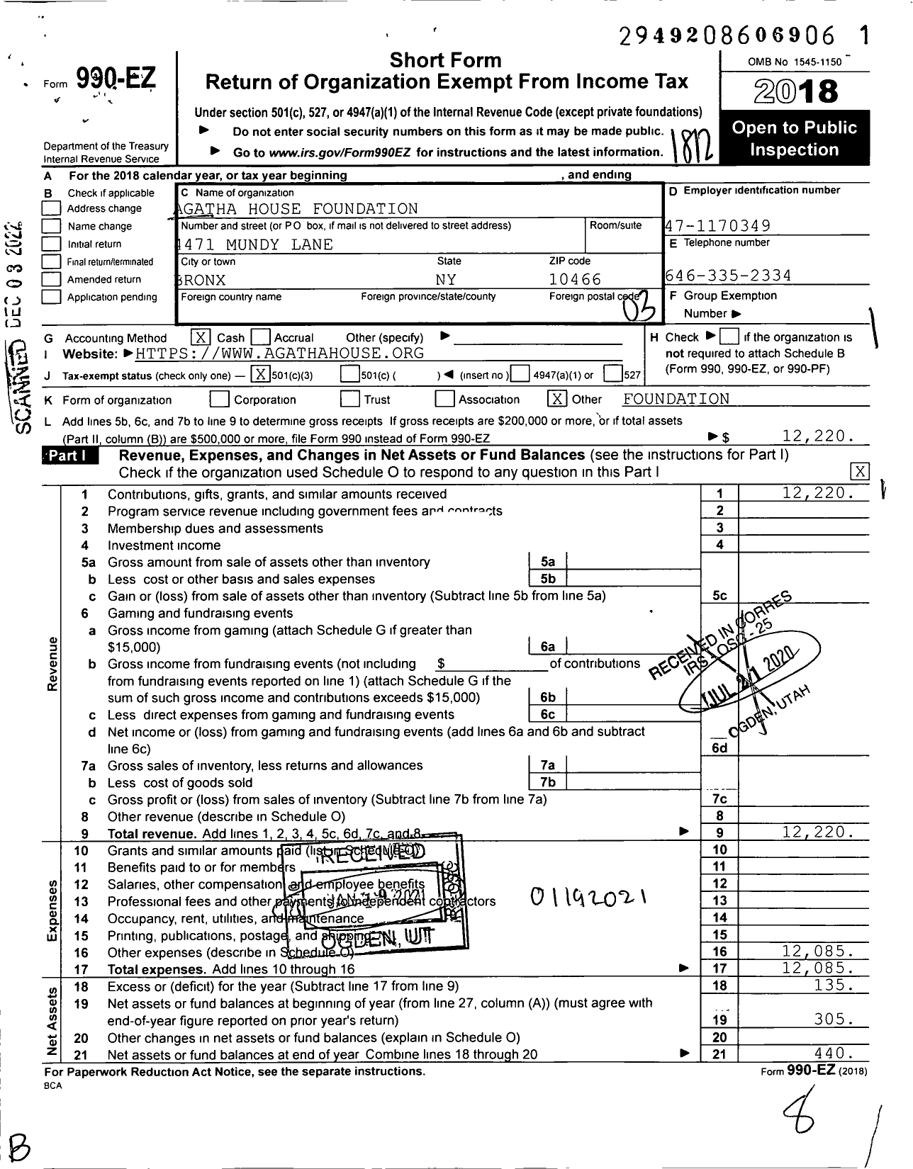 Image of first page of 2018 Form 990EZ for Agatha House Foundation