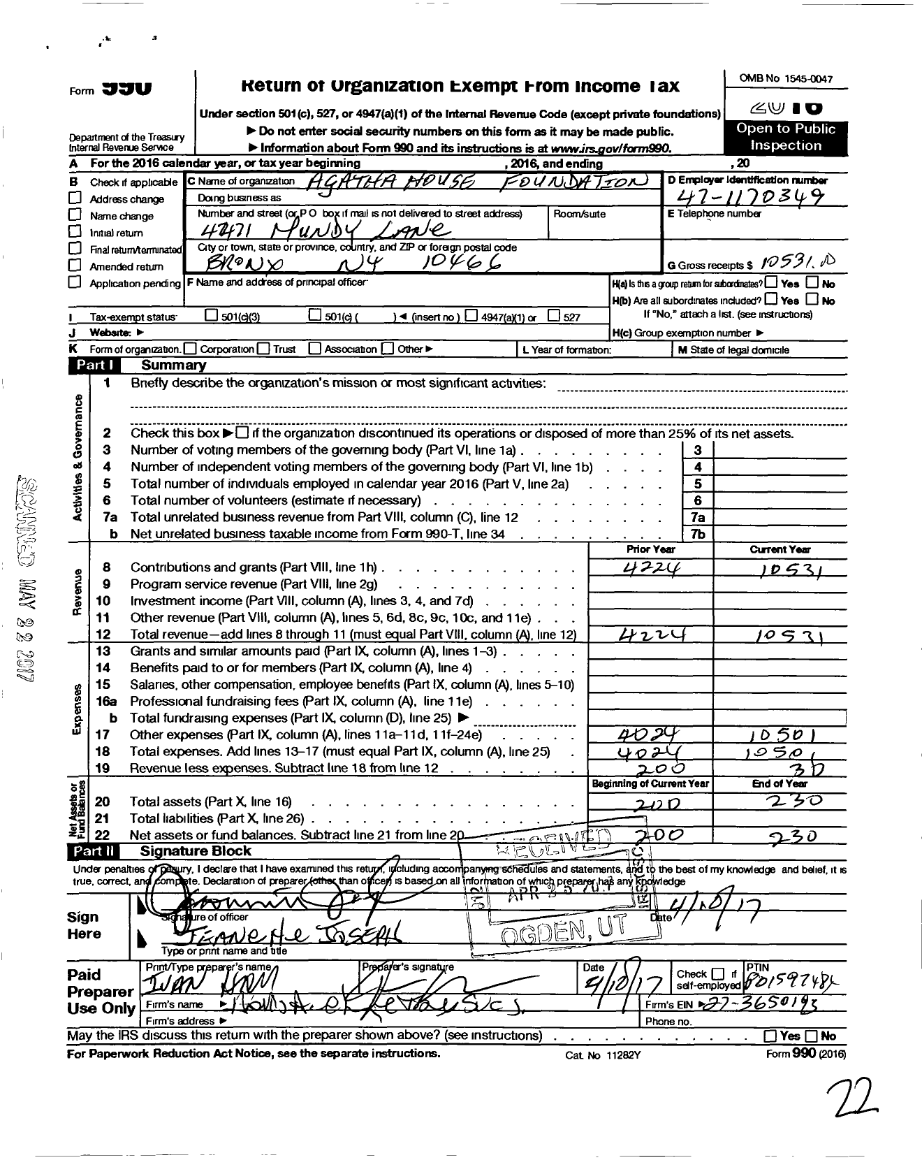 Image of first page of 2016 Form 990O for Agatha House Foundation