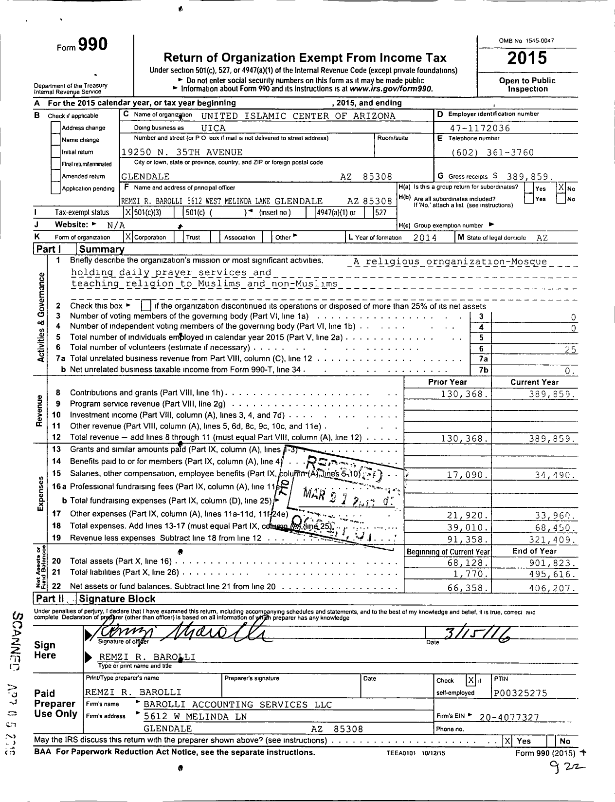 Image of first page of 2015 Form 990 for United Islamic Center of Arizona