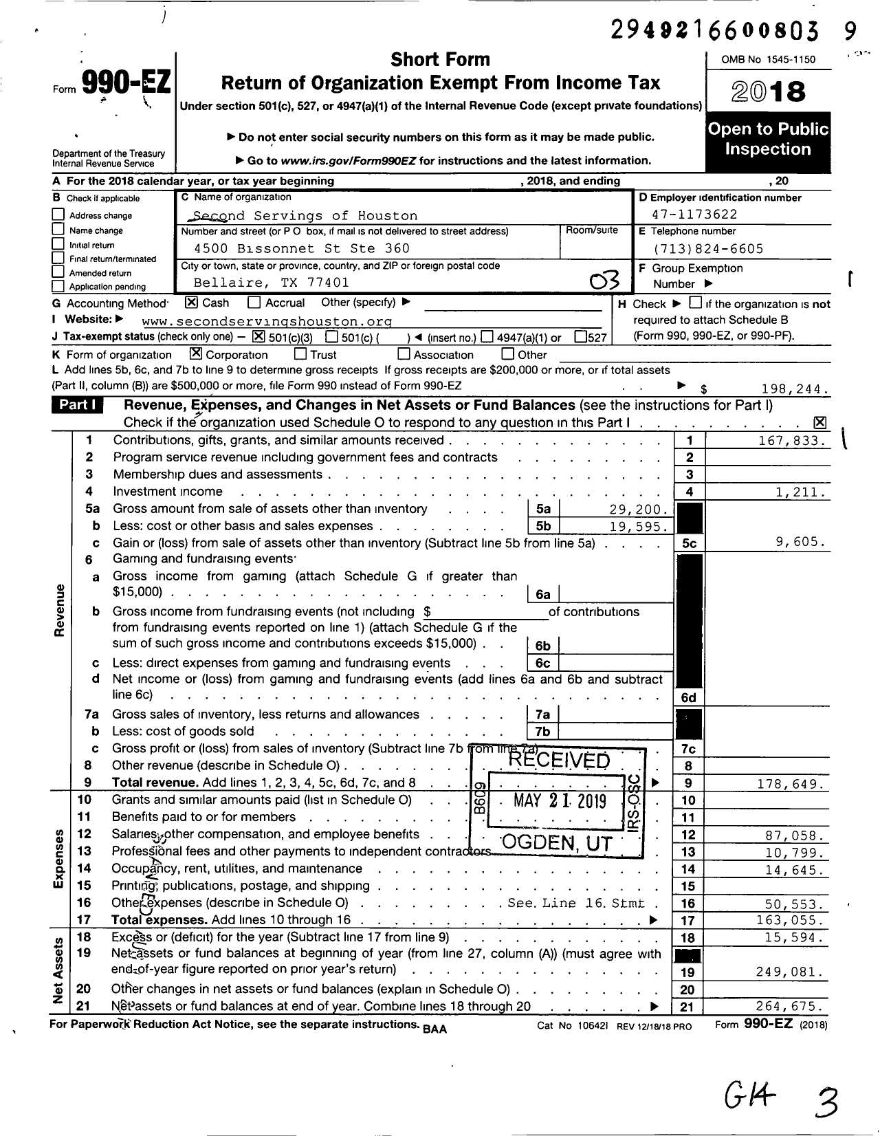 Image of first page of 2018 Form 990EZ for Second Servings of Houston