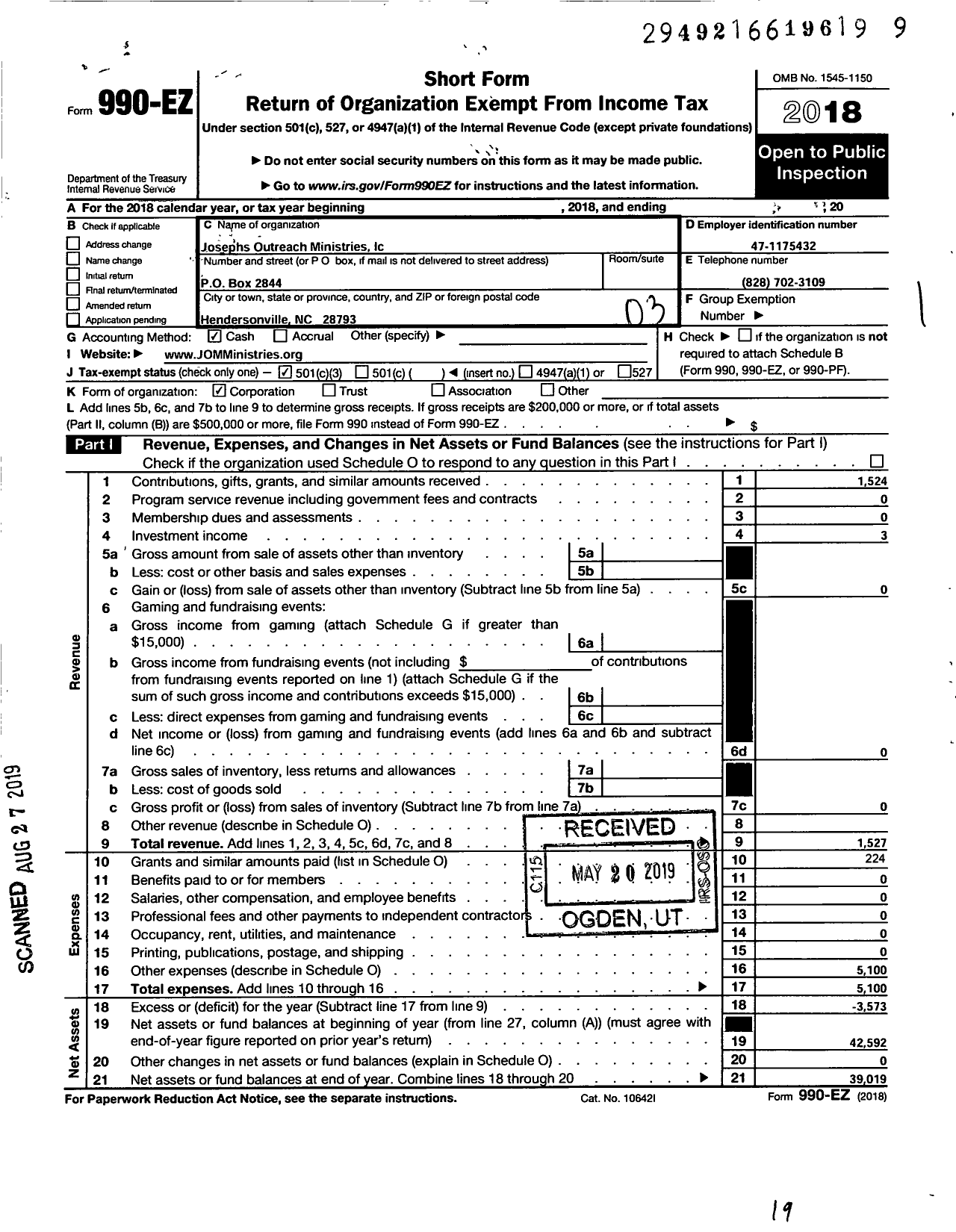 Image of first page of 2018 Form 990EZ for Hendersonville Connections Center