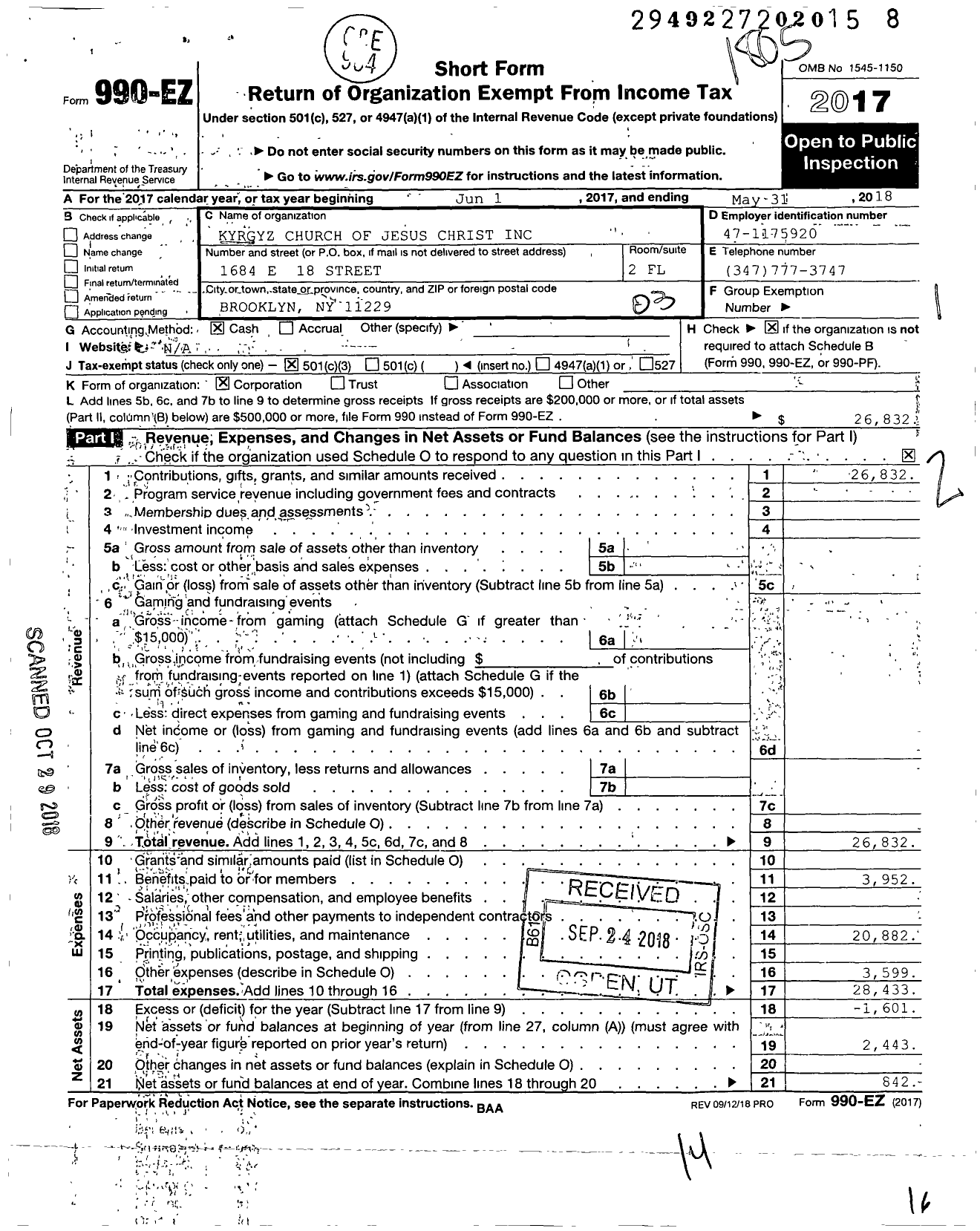 Image of first page of 2017 Form 990EZ for Kyrgyz Church of Jesus Christ